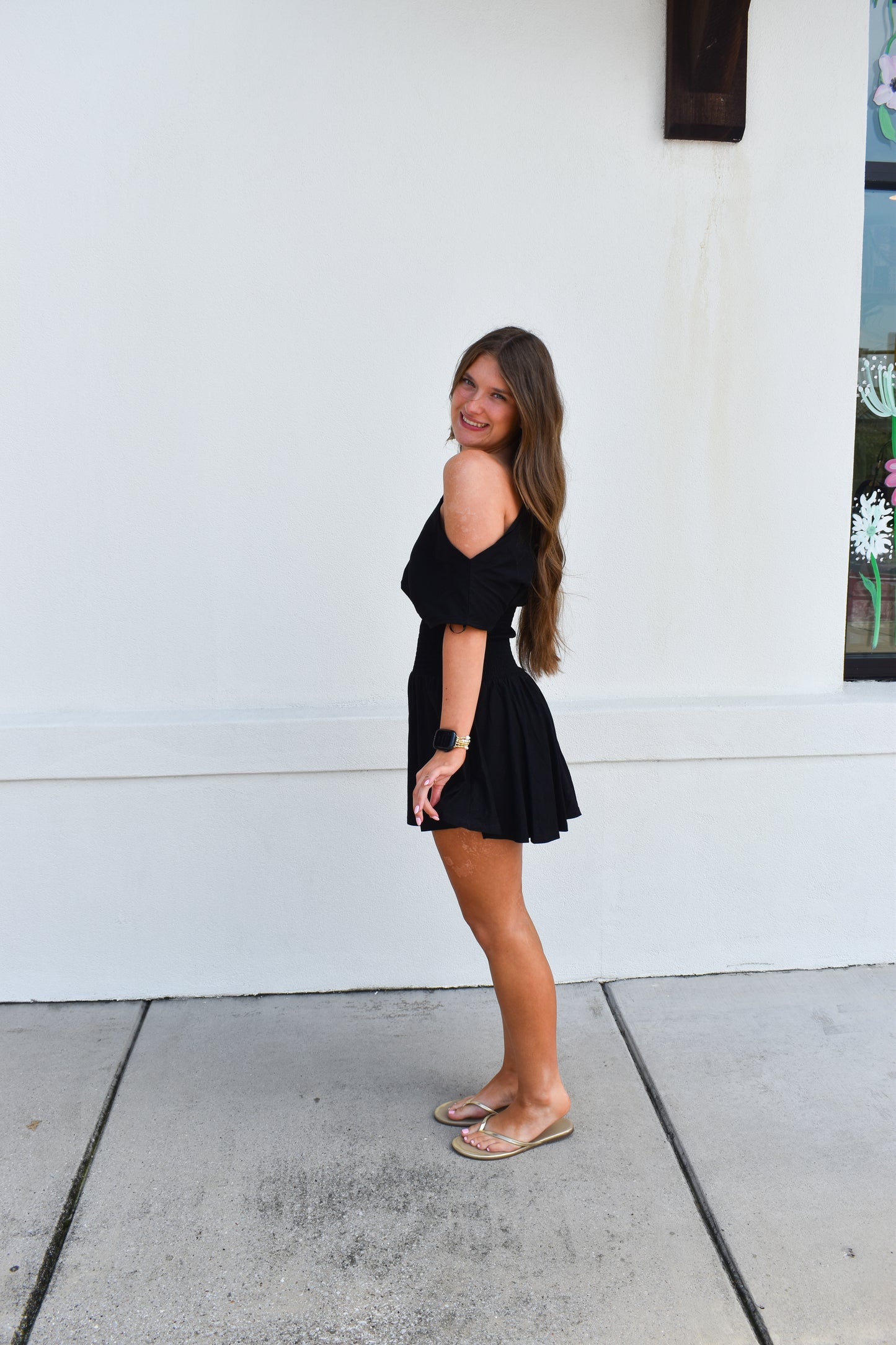 Off Shoulder Smocked Waist Dress: Black