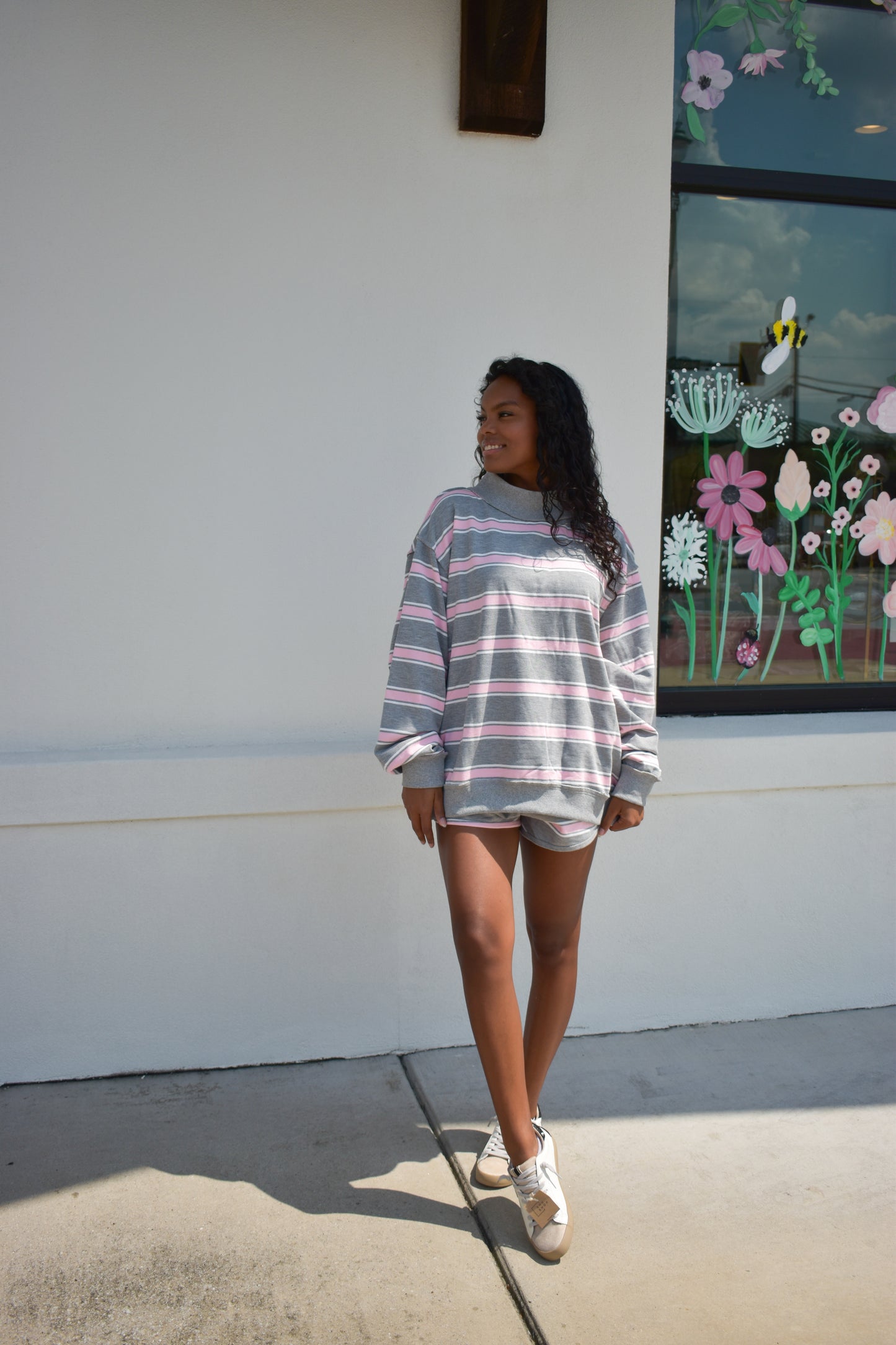 Stripe Print Mock Neck Oversized Sweatshirt