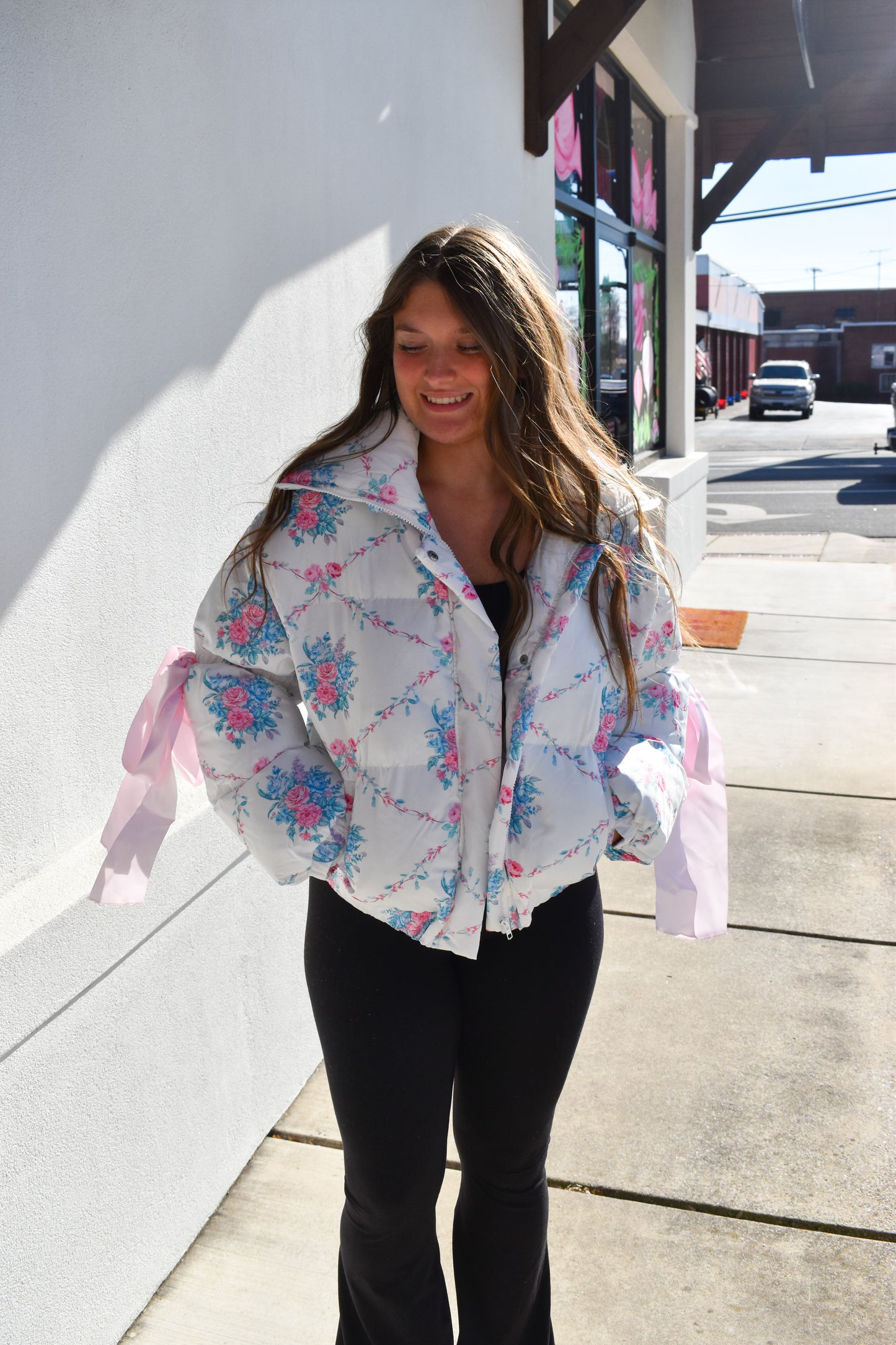 Floral Print Bow Knot Puffer Jacket