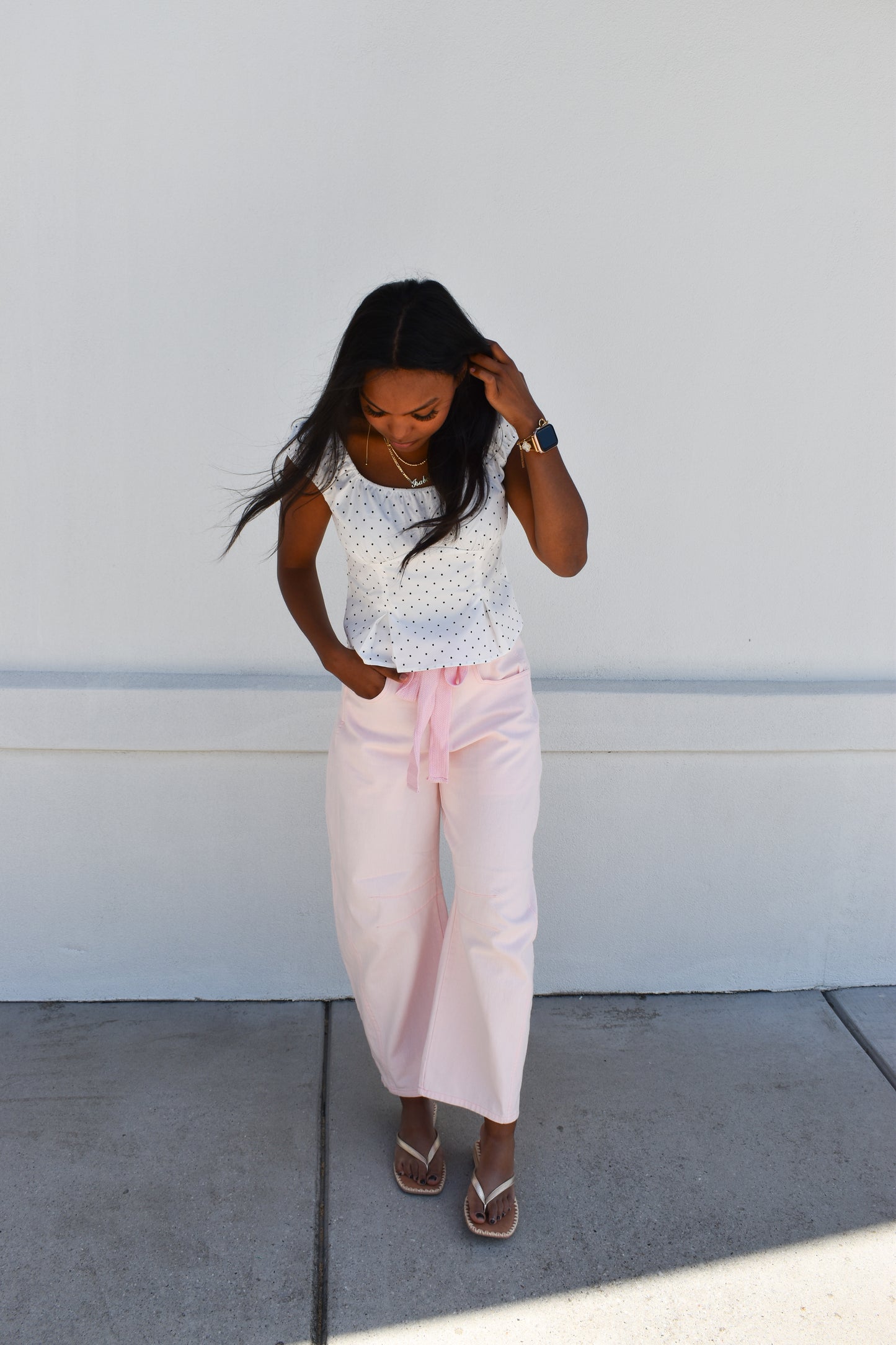 Pink Eyelet Thru Cotton Belt Barrel Jean