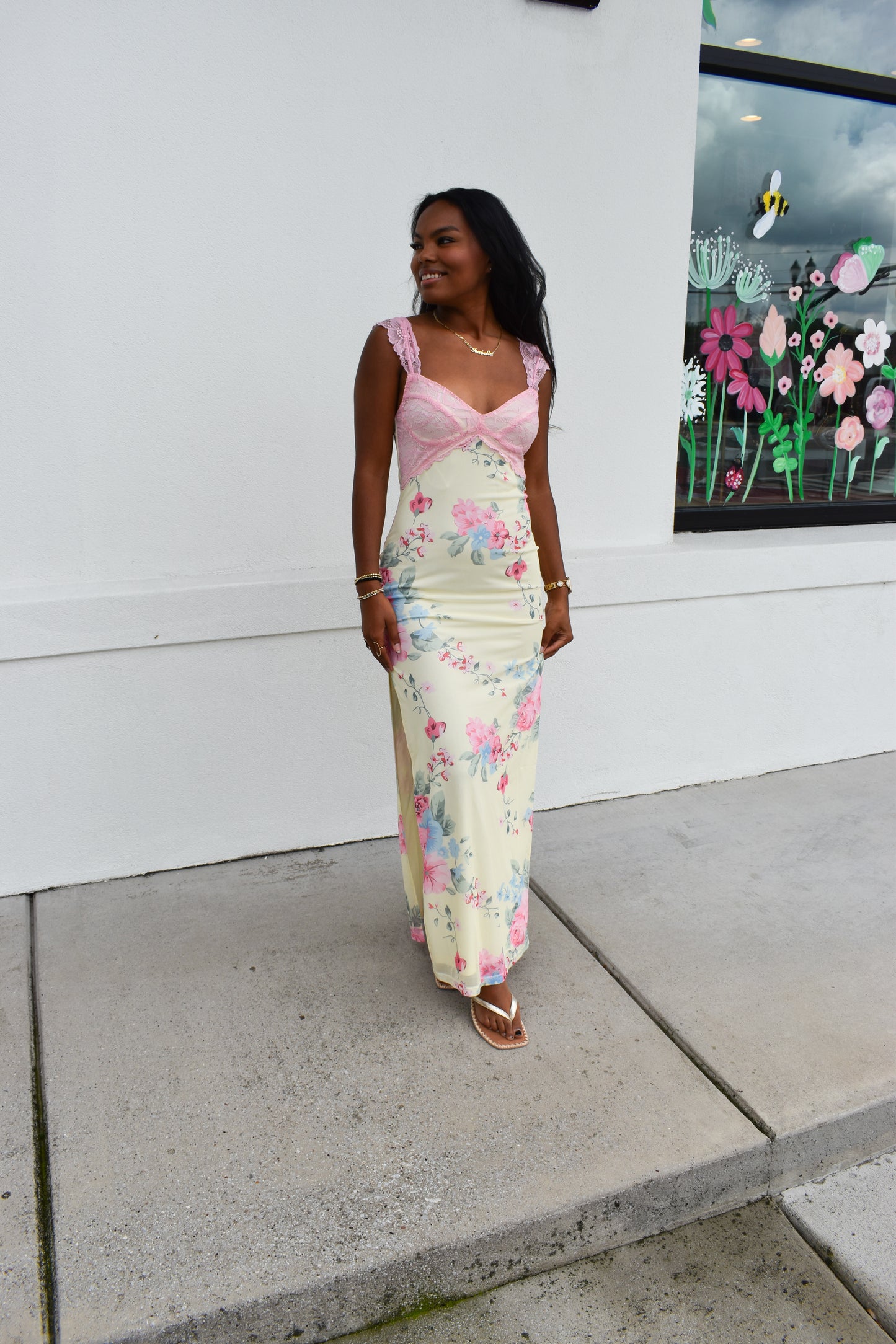 Mesh Floral Print Lace Detail Side Slit Maxi Dress