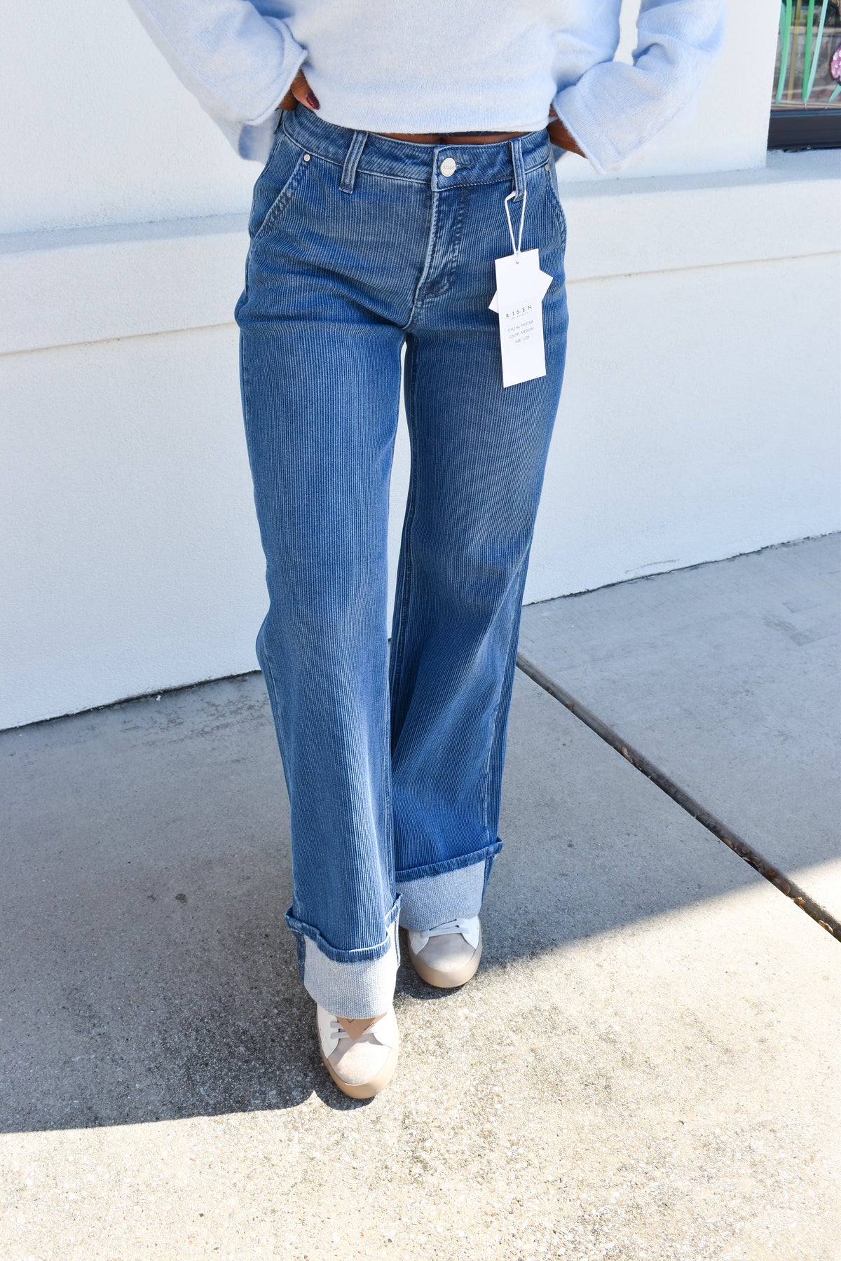Risen Mid Rise Wide Leg Cuffed Jeans