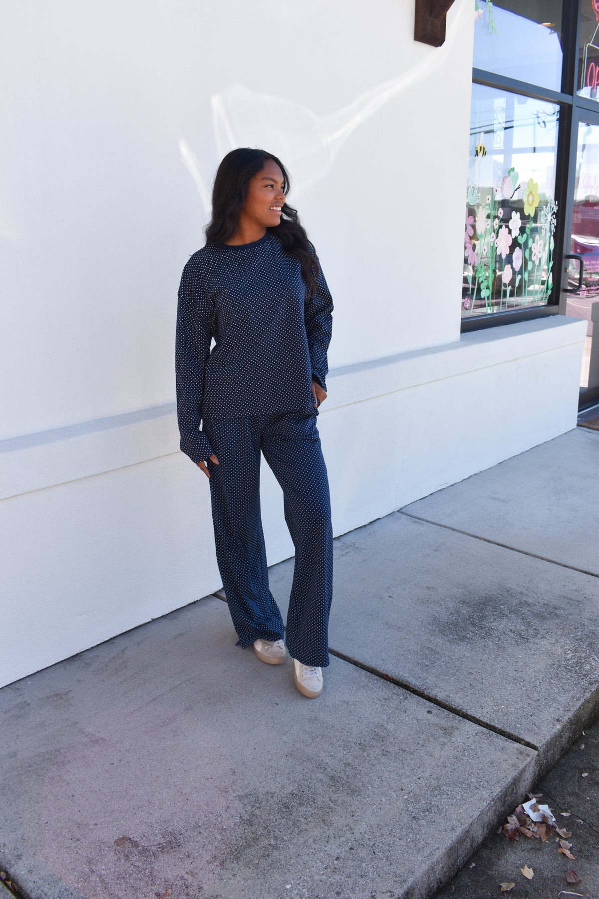 Navy Blue Polka Dot Loungewear Long Sleeve Top