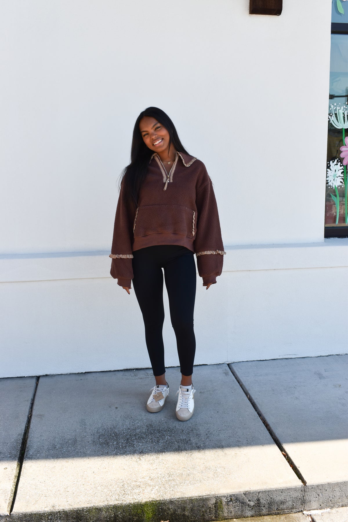 Gingham Fleece Collared Pullover: Brown
