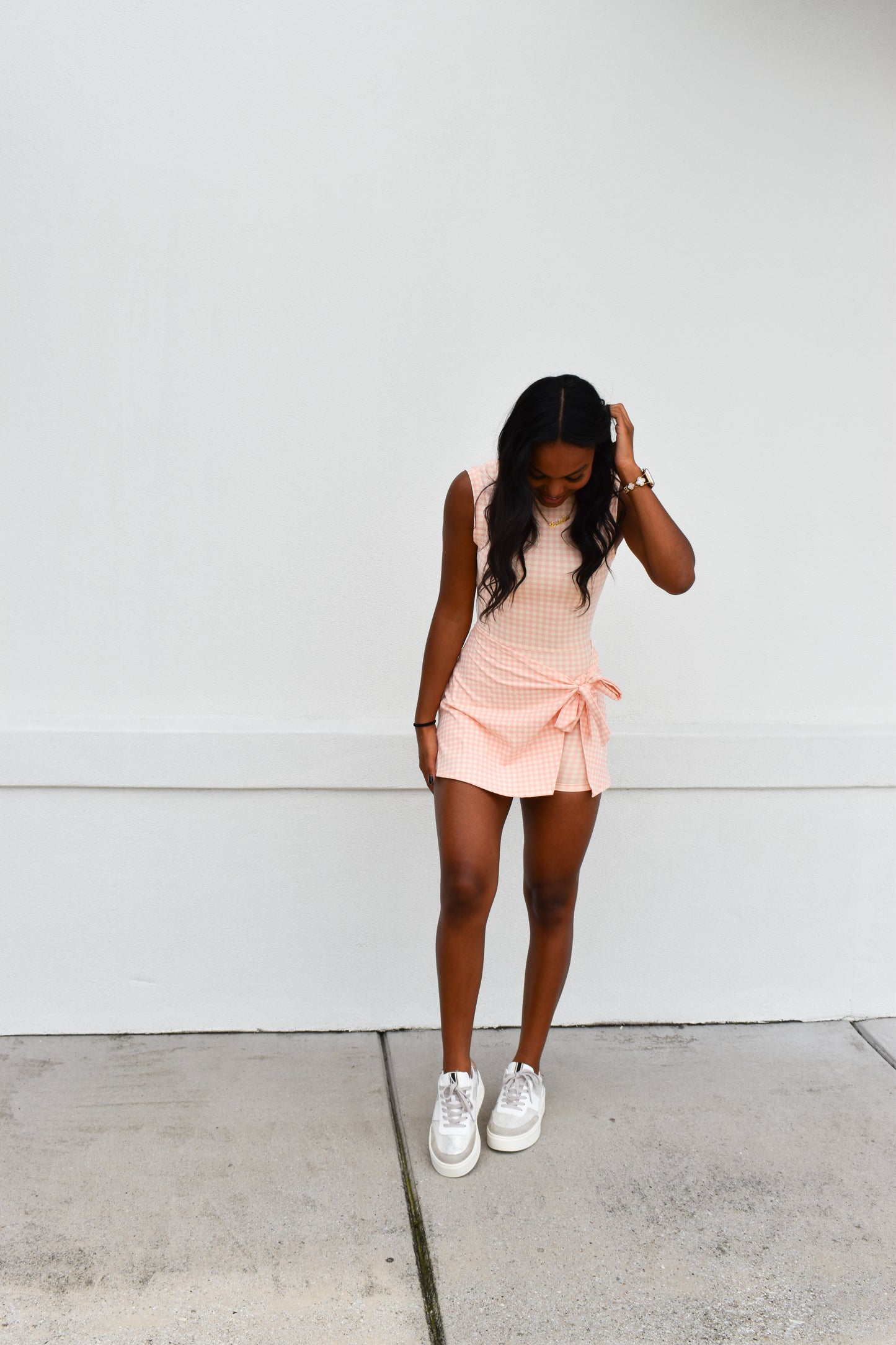 Gingham Athletic Wrap Tie Dress: Peach