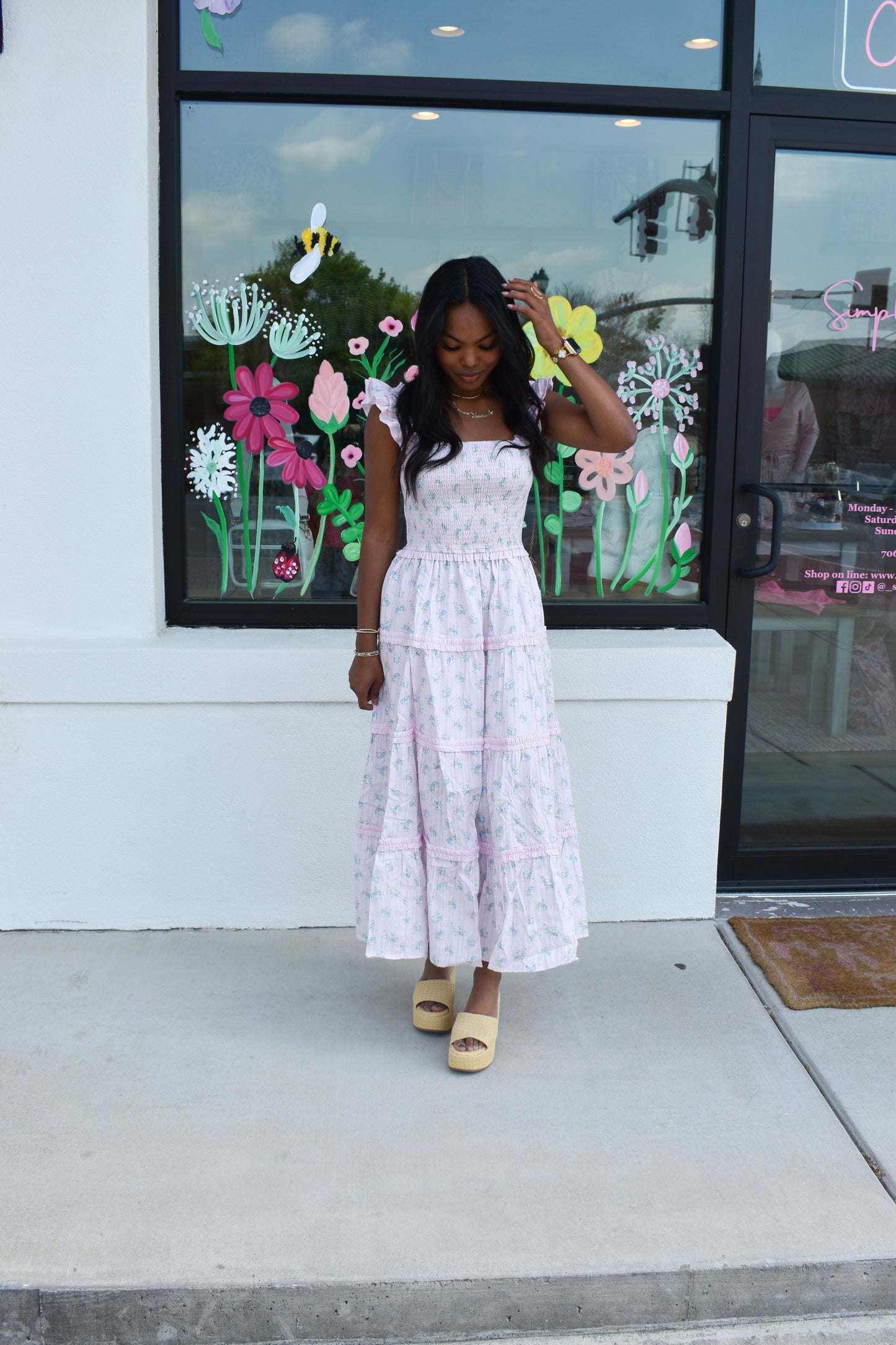 Ditsy Flower Smocked Dress: Pink/Blue