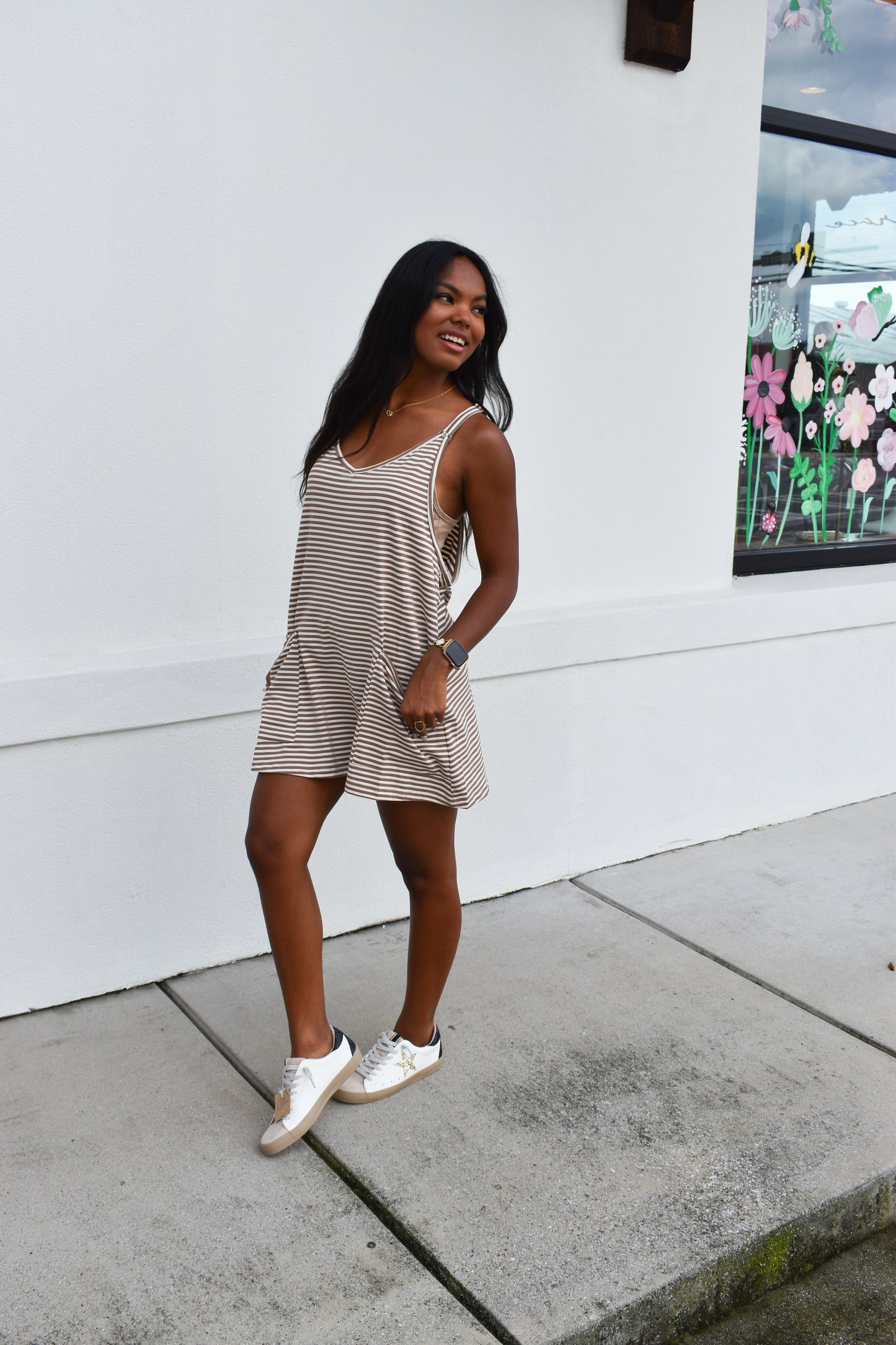 Striped Romper Dress W/ Built In Romper: Brown