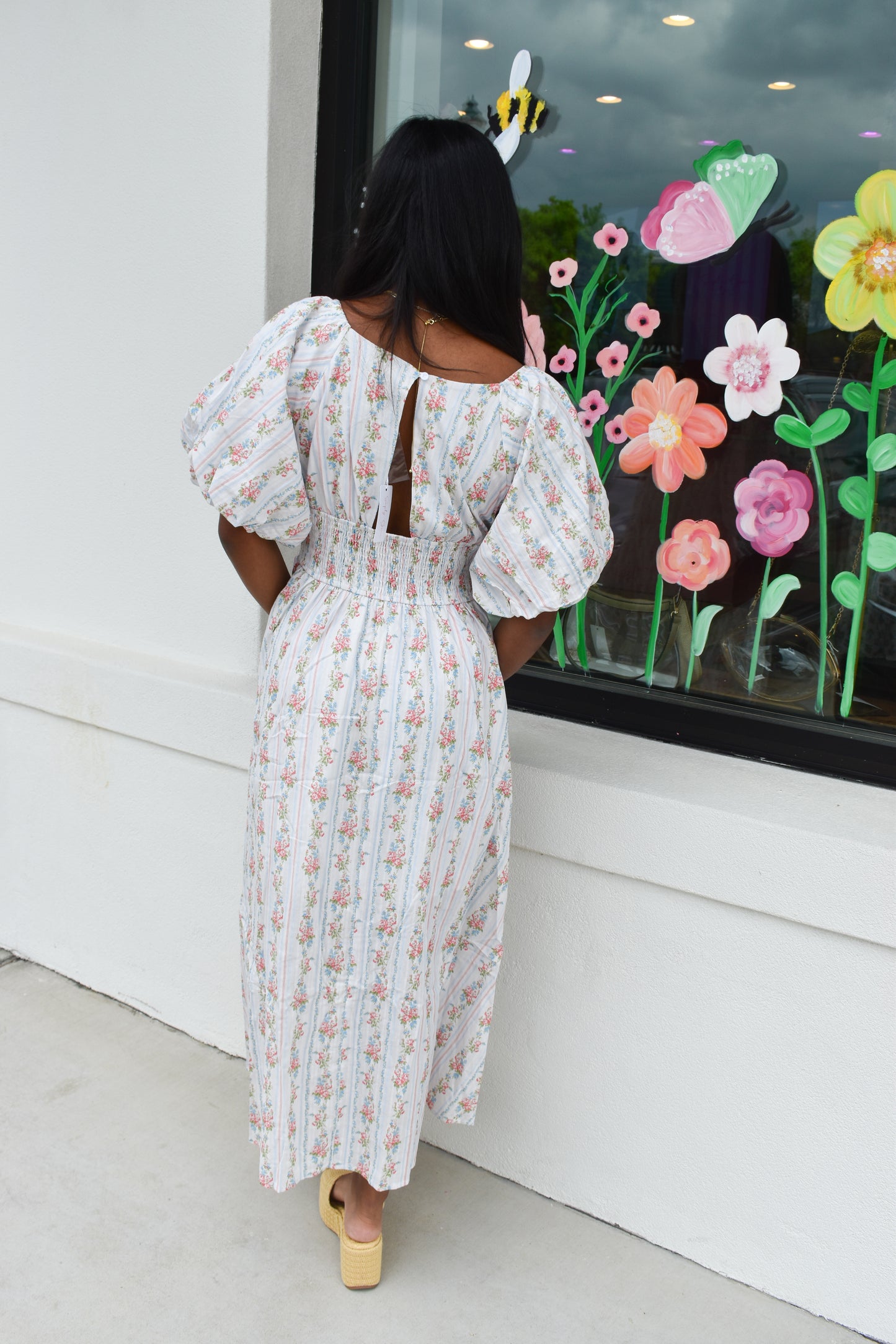 Floral Bubble Maxi Dress W/ Pin Stripe Detail