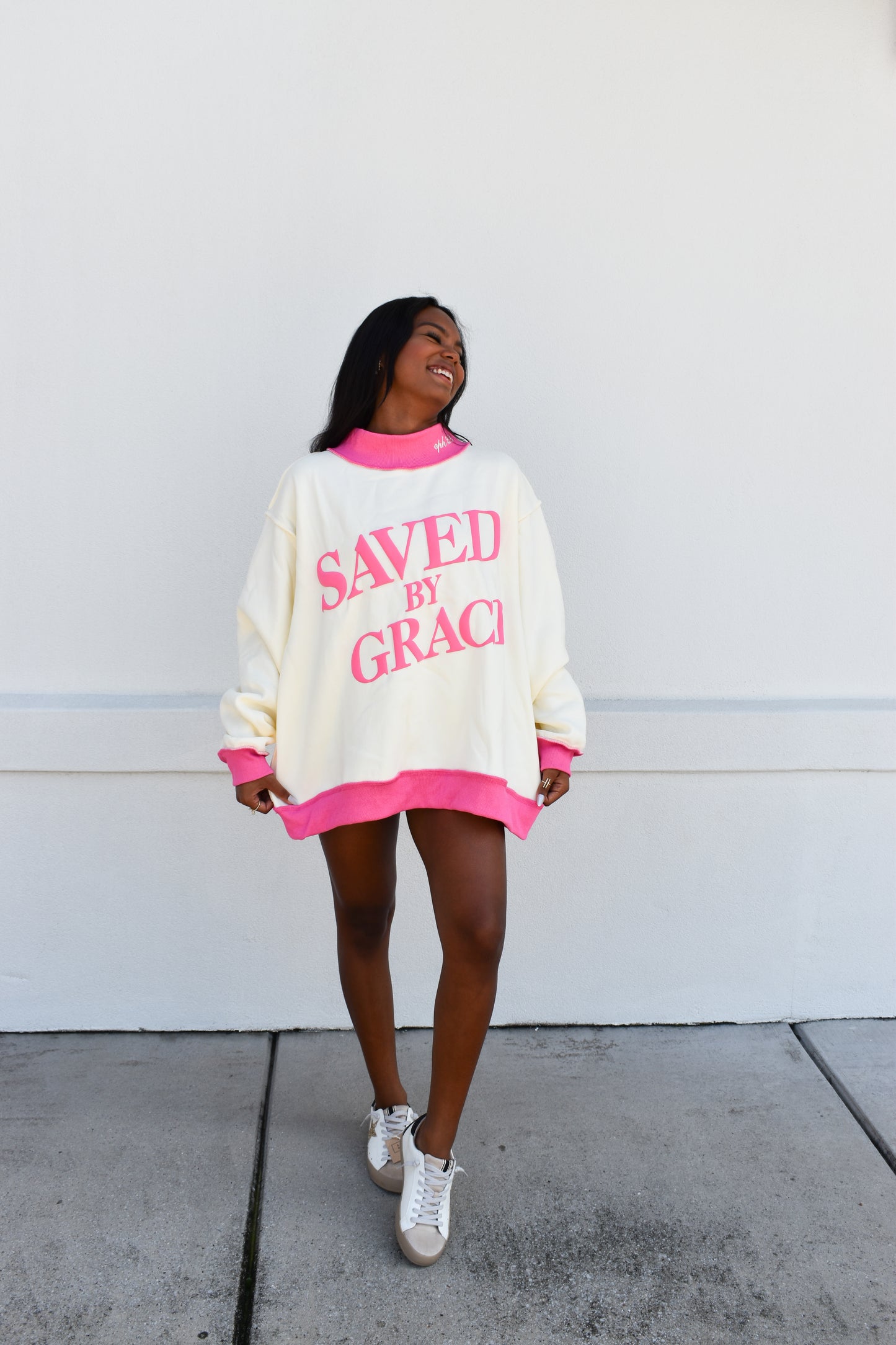 'SAVED BY GRACE' Puff Print Mockneck