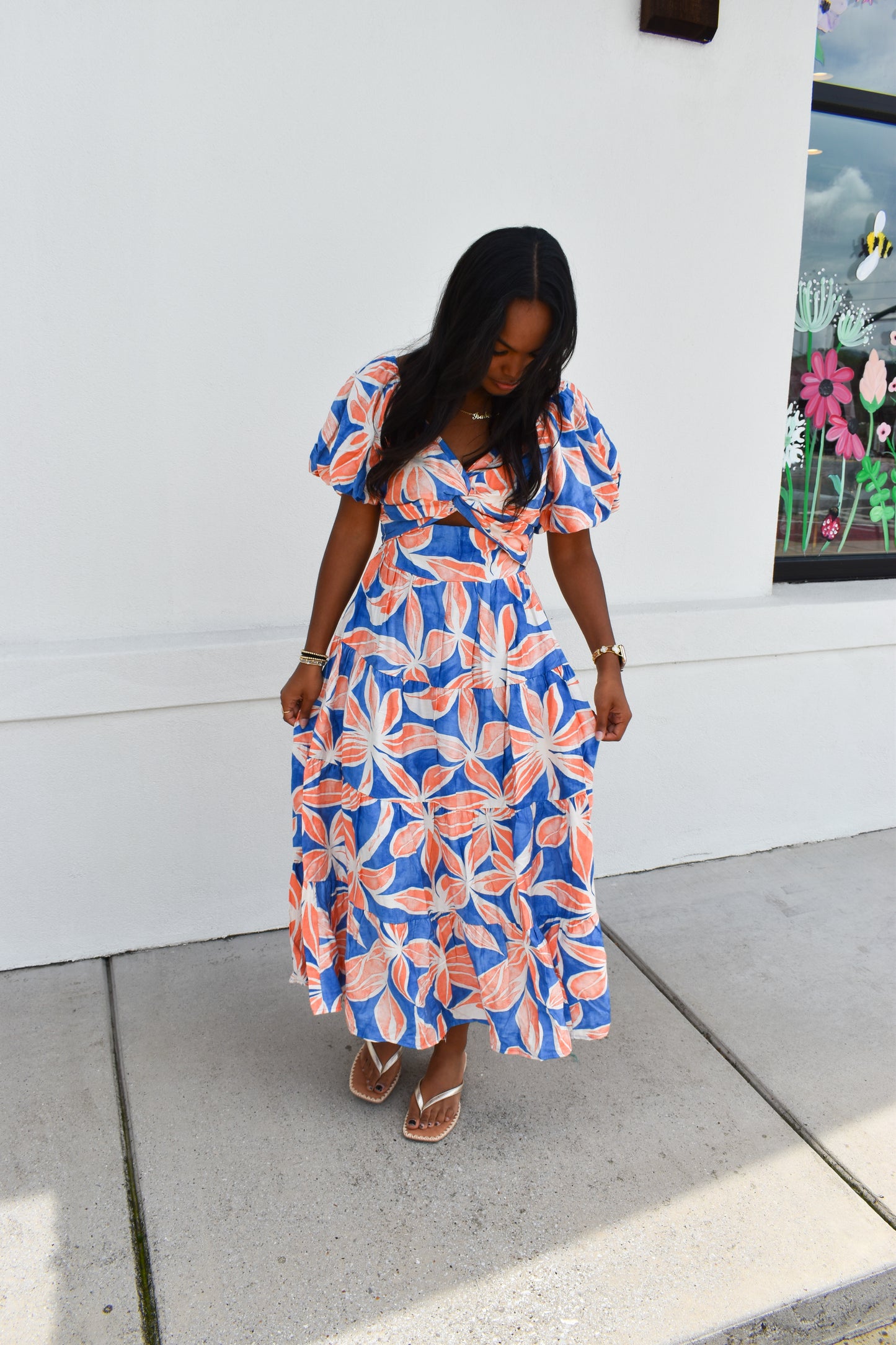 Blue/Orange Floral Maxi Dress