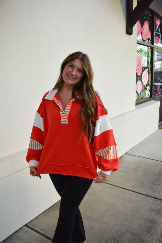 Terry Knit Collared Top: Red/Cream