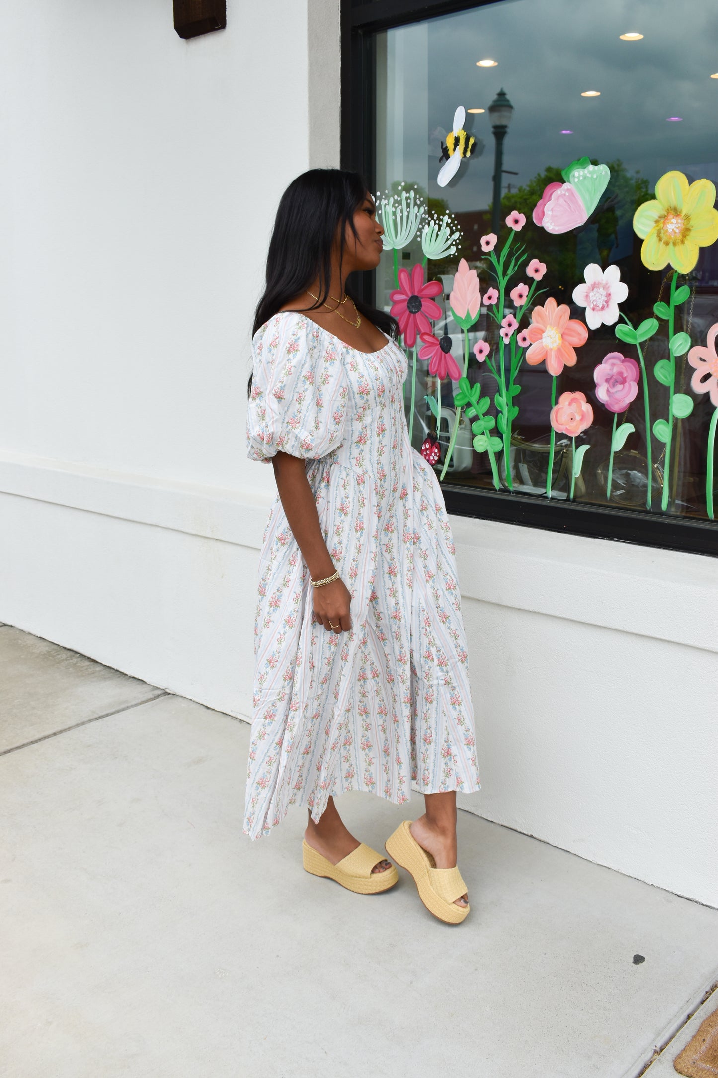 Floral Bubble Maxi Dress W/ Pin Stripe Detail