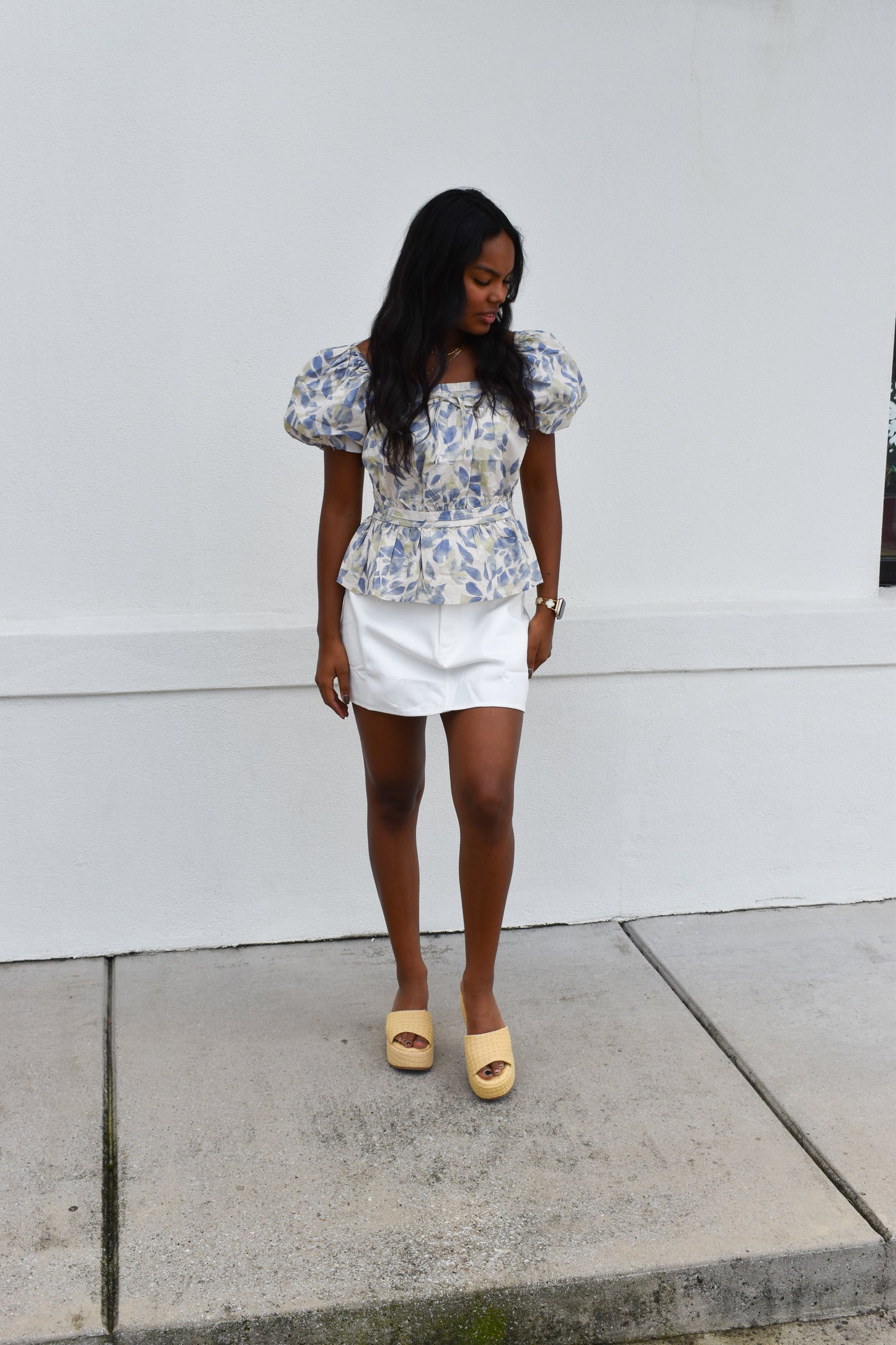 Soft Garden Leaf Print Bubble Sleeved Peplum Blouse