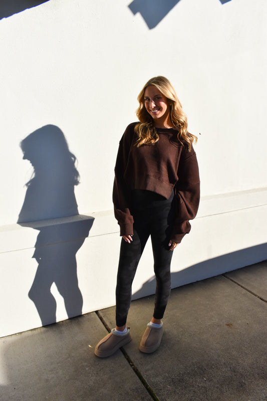 Waffle Knit Oversized Long Sleeve Top: Brown