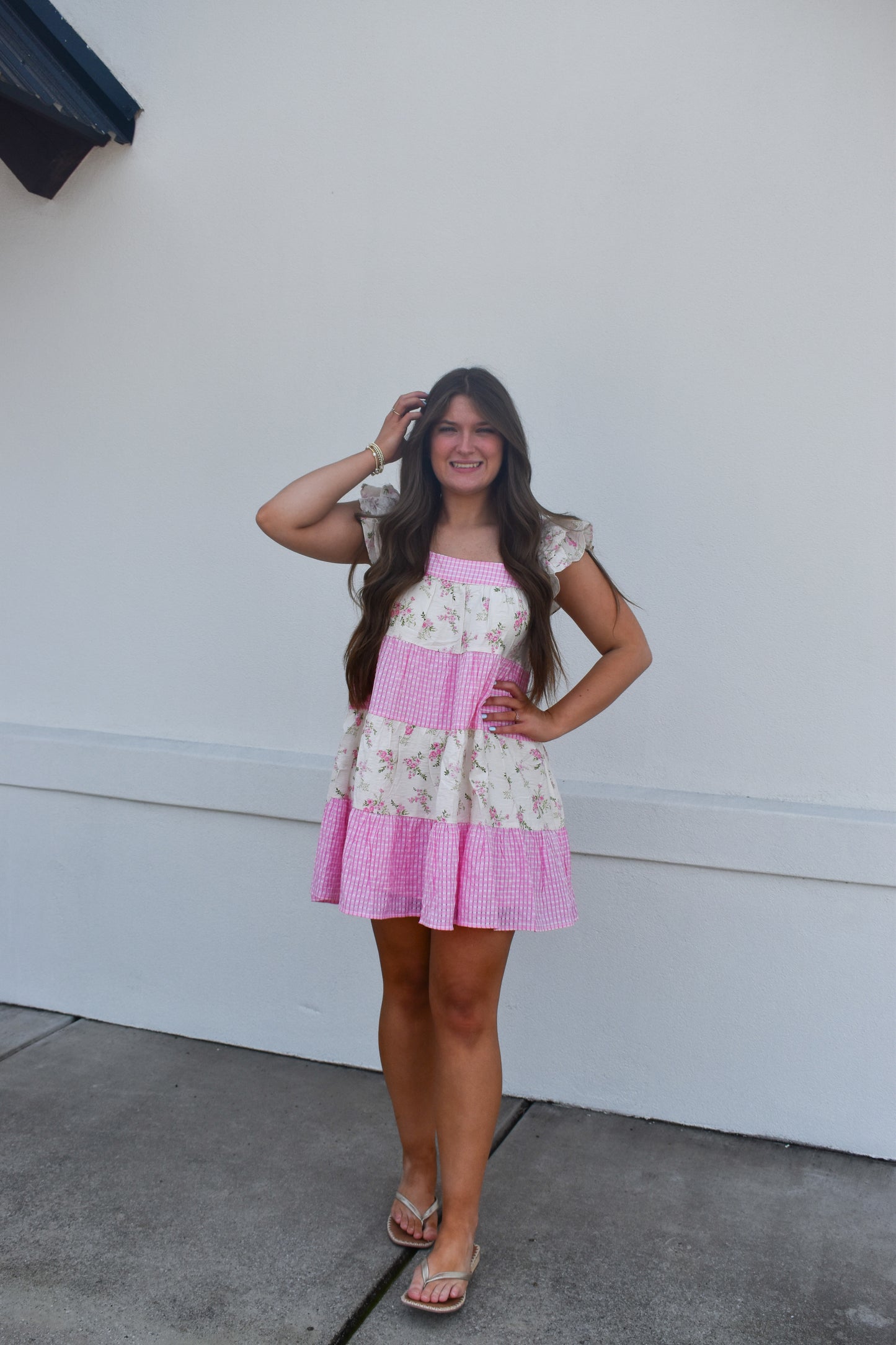 Mini Dress W/ Mixed Floral Print and Pink Gingham