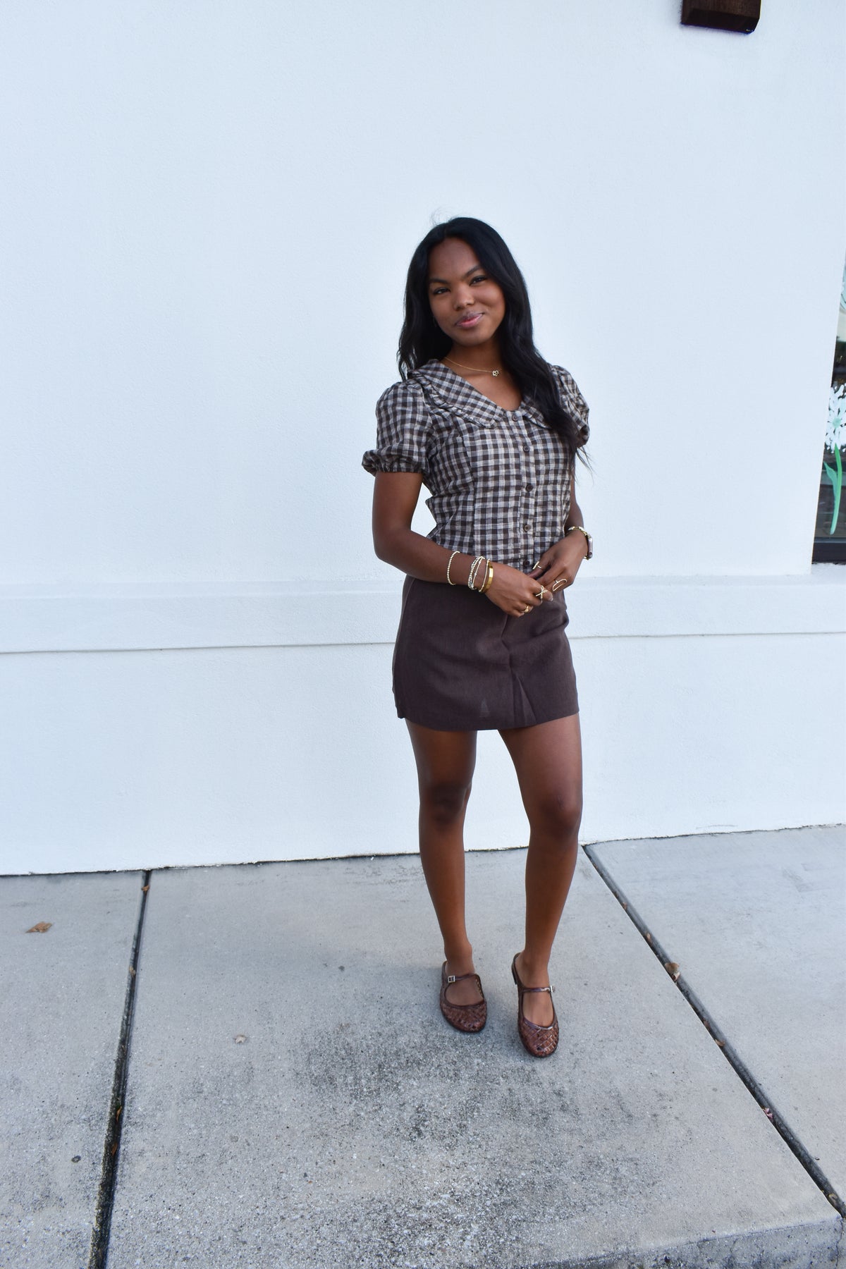 Gingham Plaid Button Top W/ Ruffle Collar