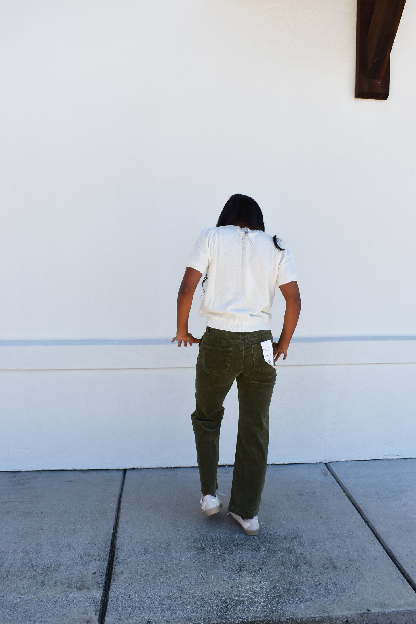 Tummy Control Mid Rise Ankle Straight Corduroy: Green