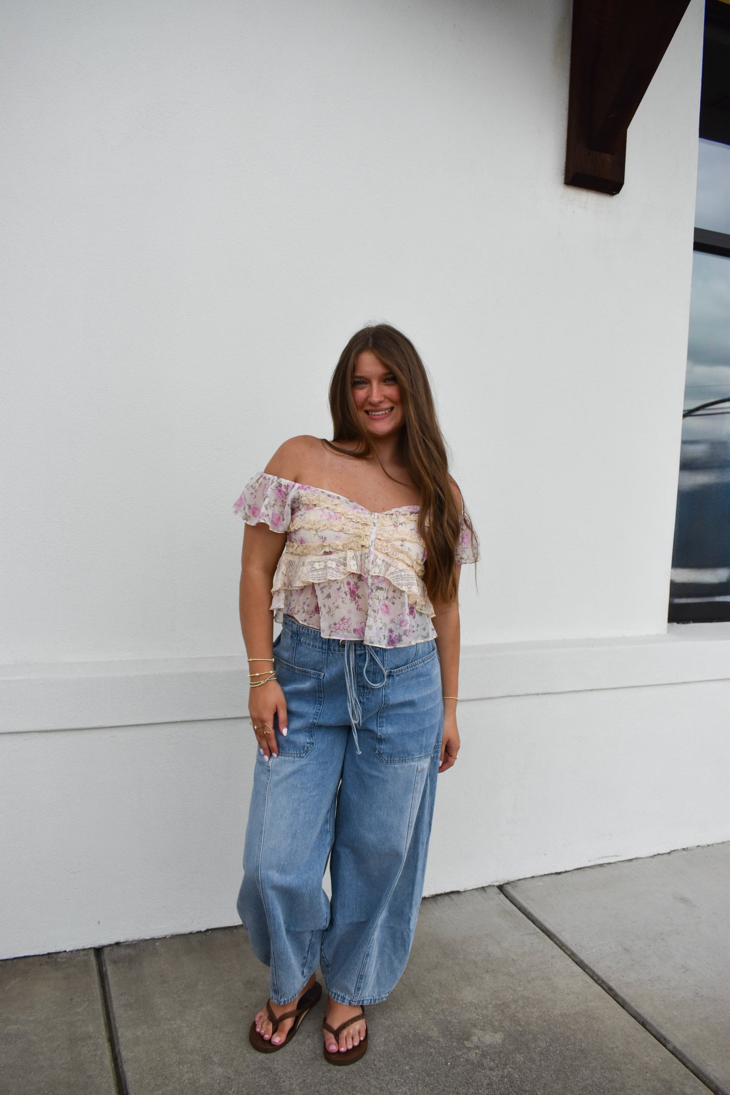 Floral Print Ruffle Lace Sweetheart Top