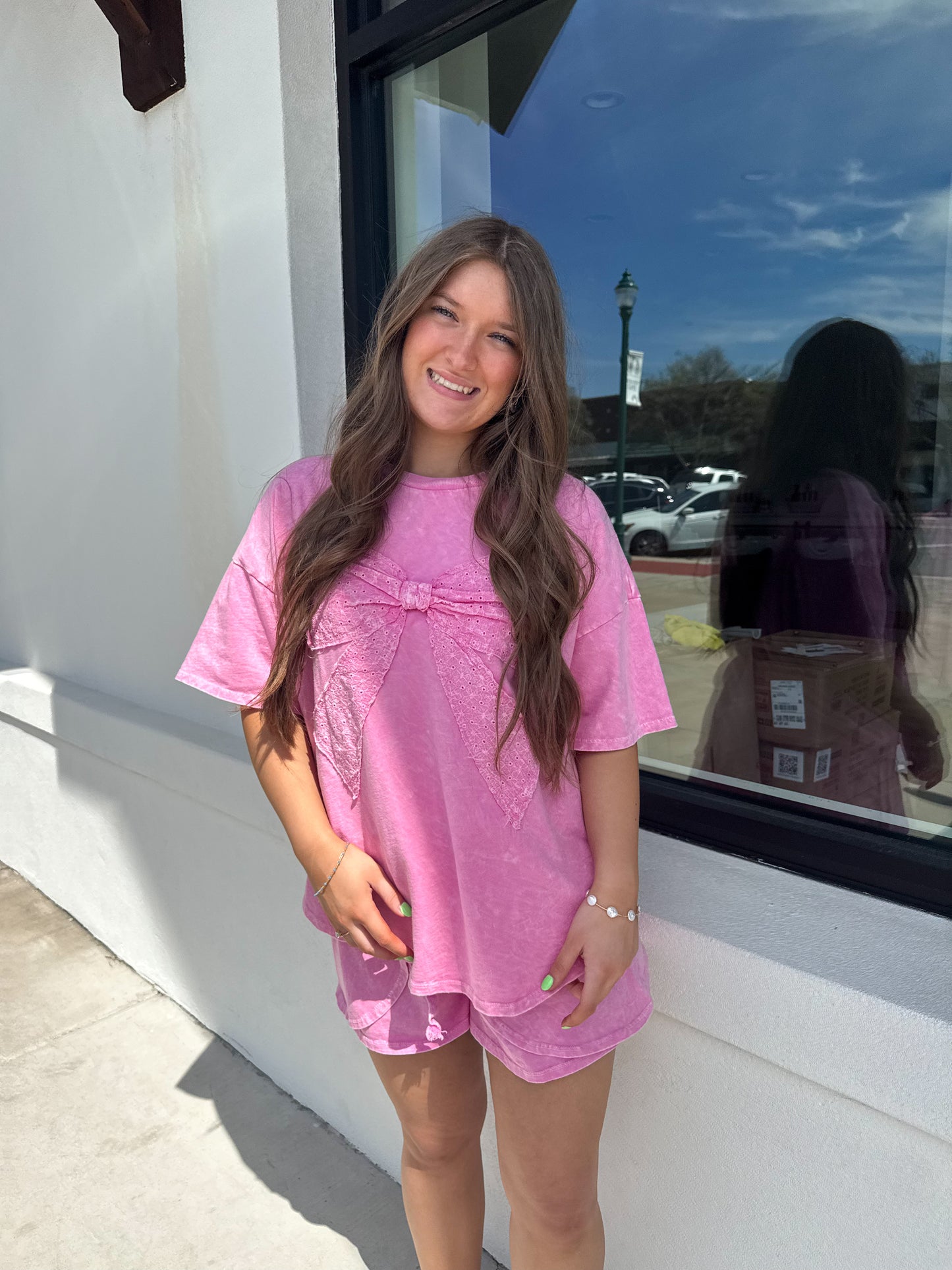 Mineral Wash Ribbon Bow Half Sleeve Shirt