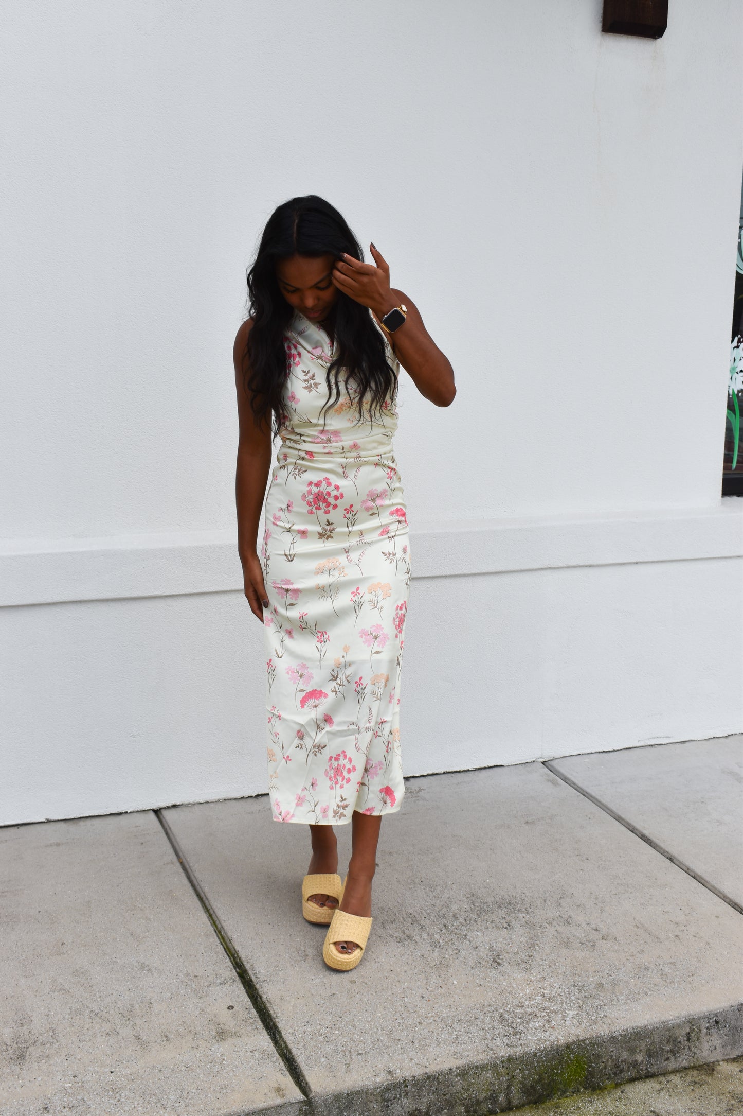 Cowl Neck Floral Midi Dress