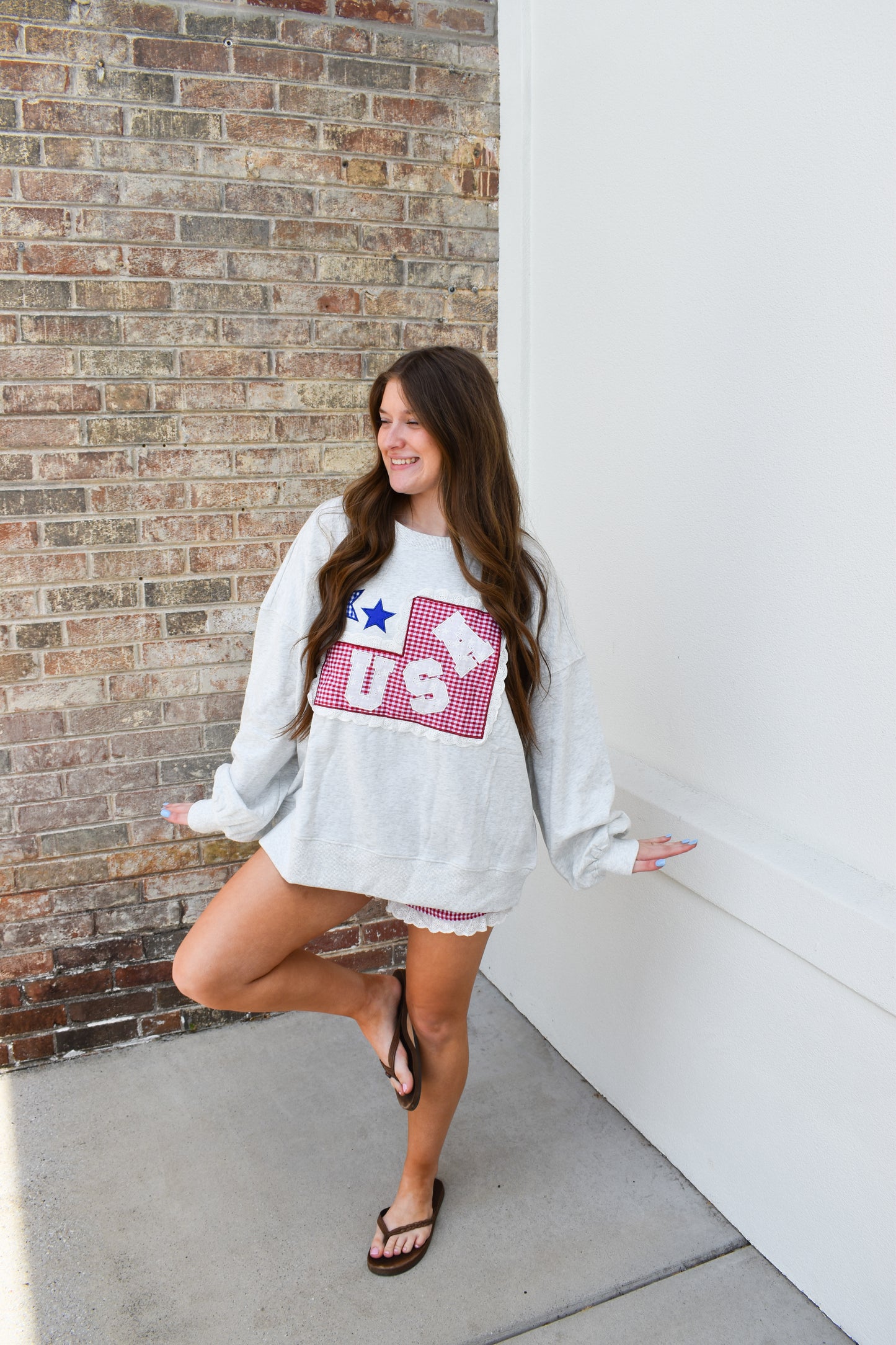 Gingham Check Flag Patch Sweatshirt