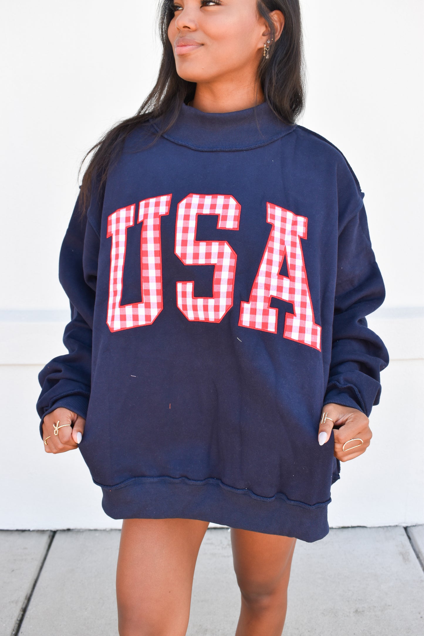 Gingham Embroidery "USA" Mock Neck Sweatshirt