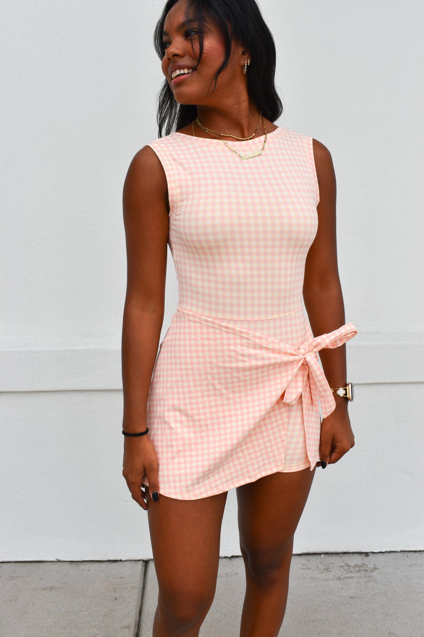 Gingham Athletic Wrap Tie Dress: Peach