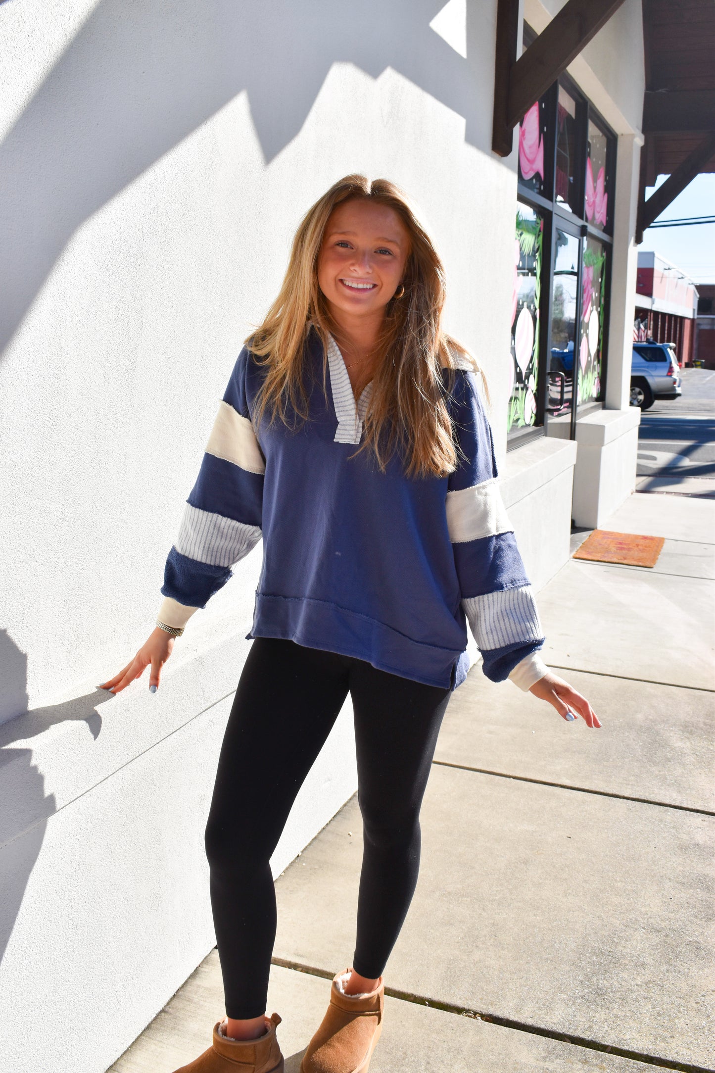 Terry Knit Collared Top: Navy/Cream