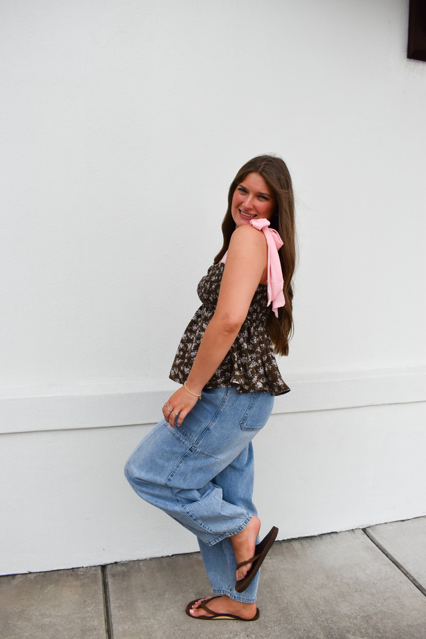 Romantic Floral Top w/ Pink Bow Straps