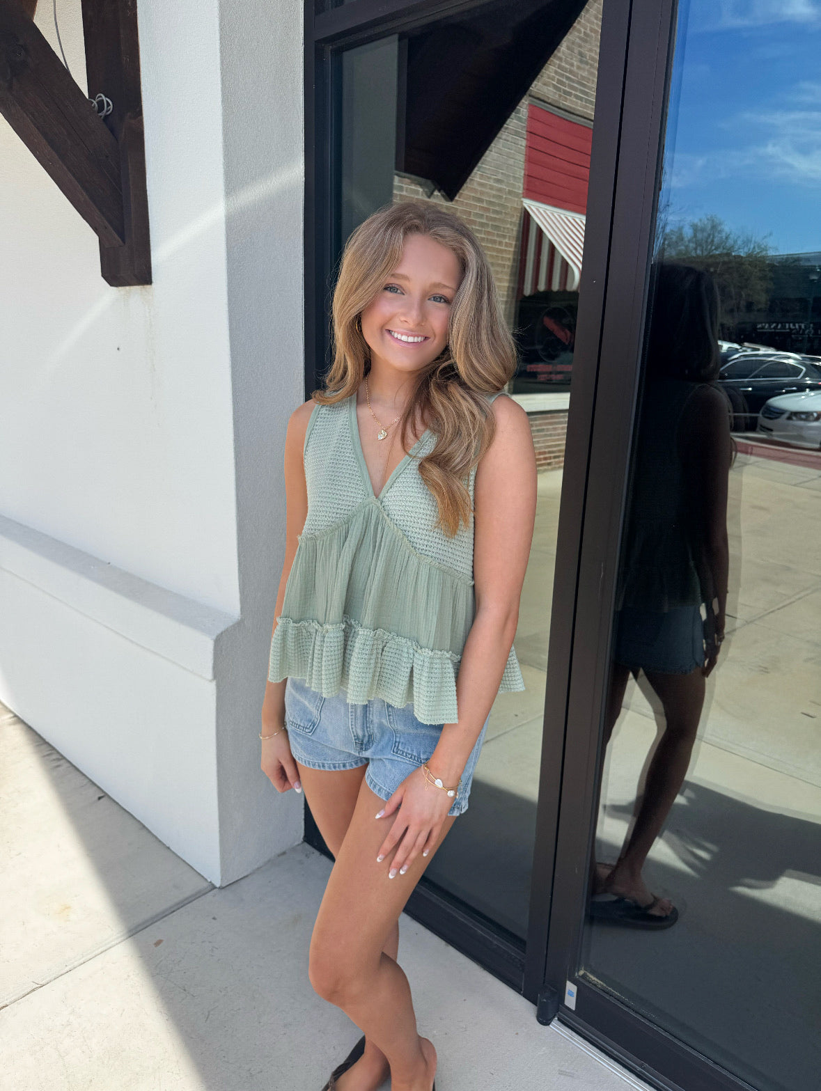 Waffle Knit V-Neck Top