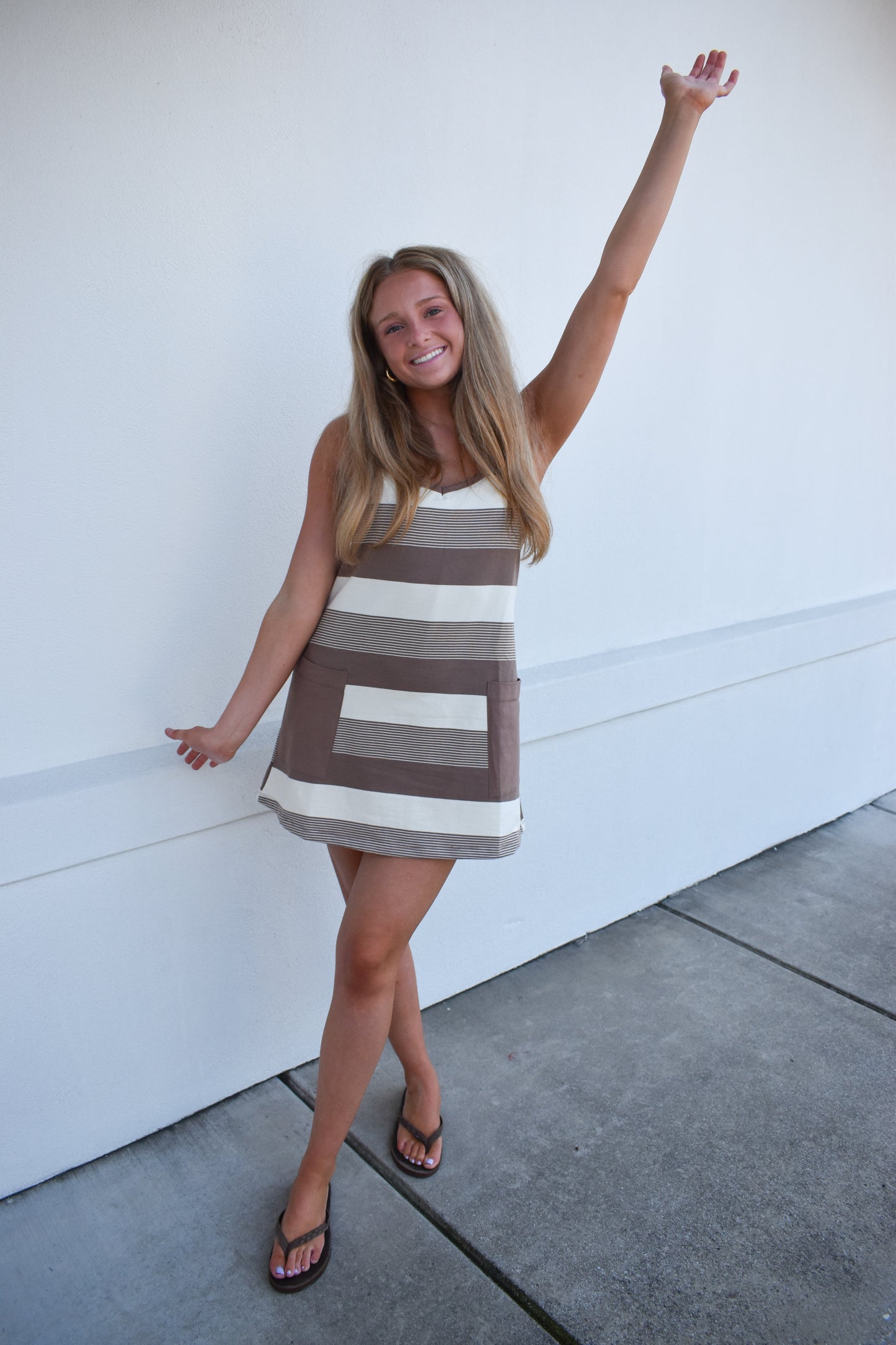Stripe Mini Dress W/ Built In Romper Lining: Mocha