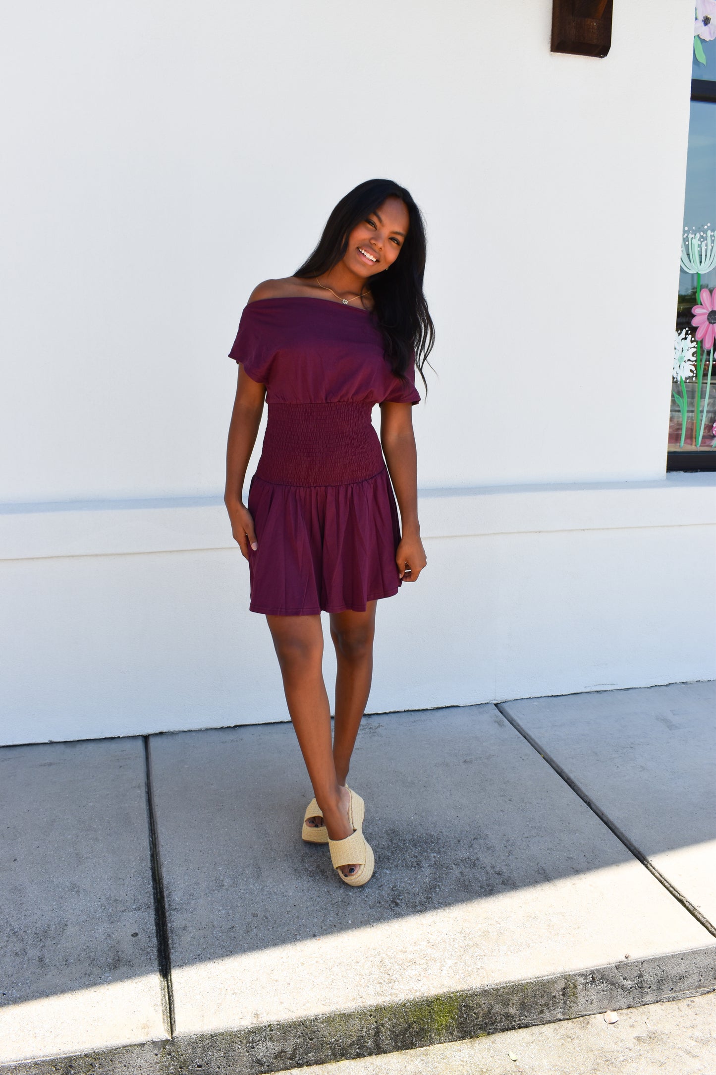 Off Shoulder Smocked Waist Dress: Wine