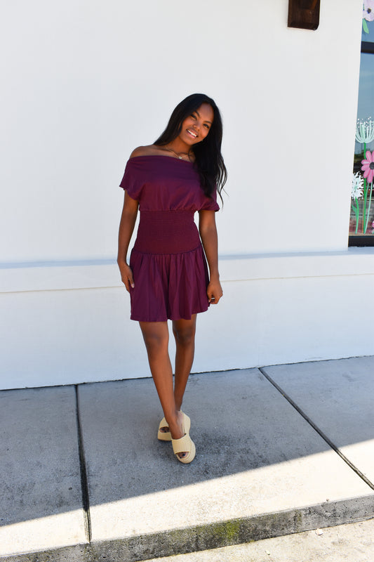 Off Shoulder Smocked Waist Dress: Wine