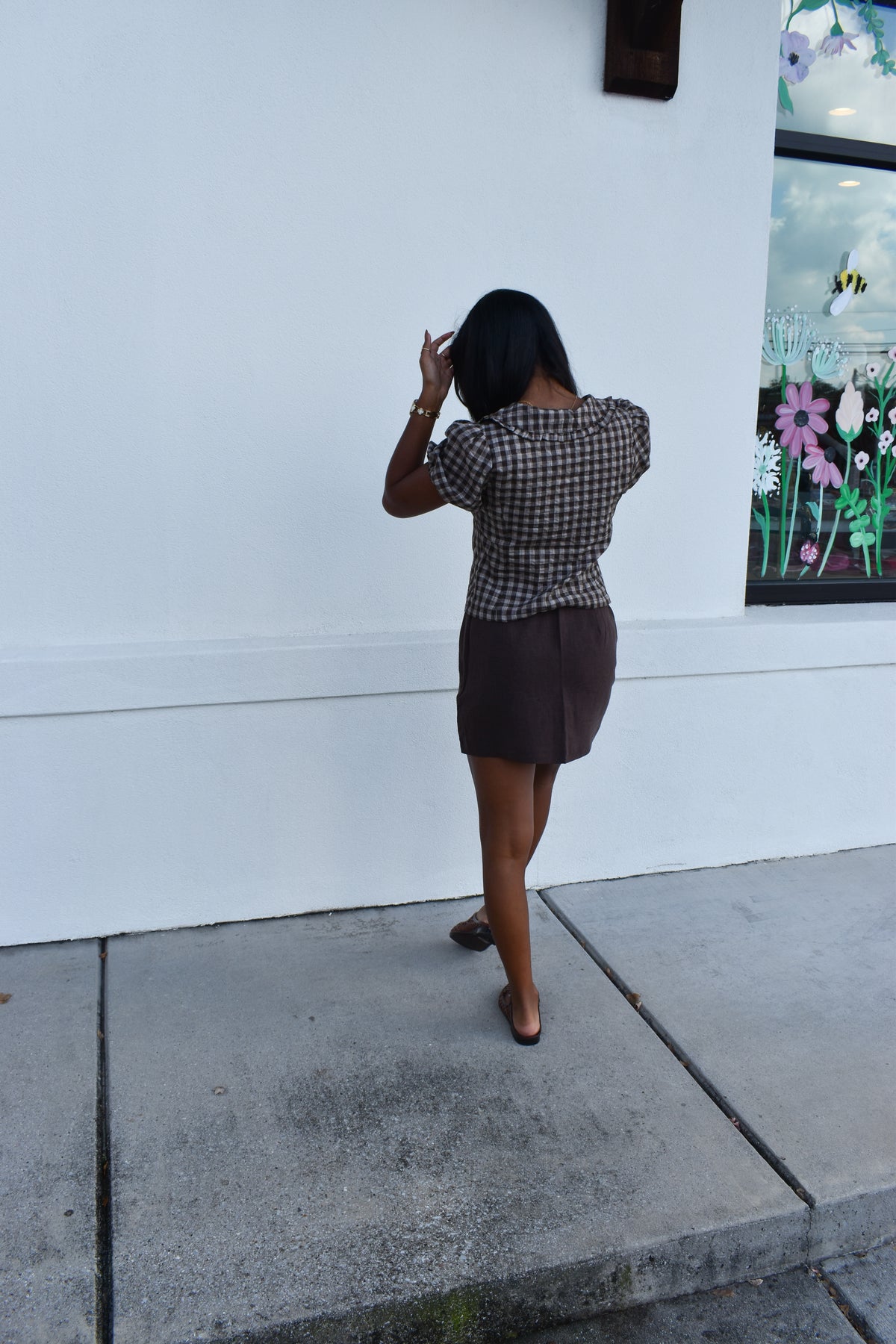 Gingham Plaid Button Top W/ Ruffle Collar