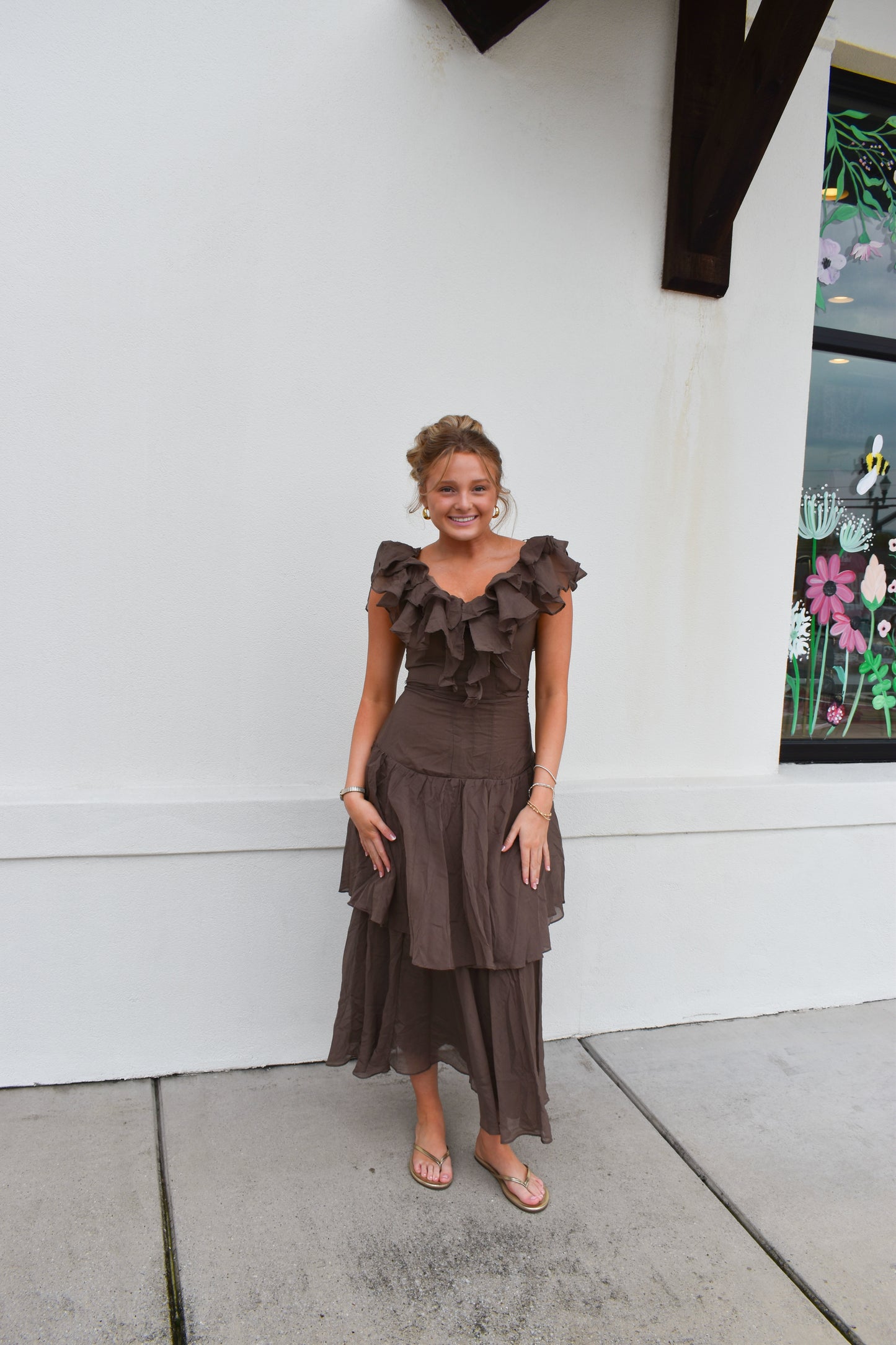 V-Neck Ruffle Cascade Tiered Dress