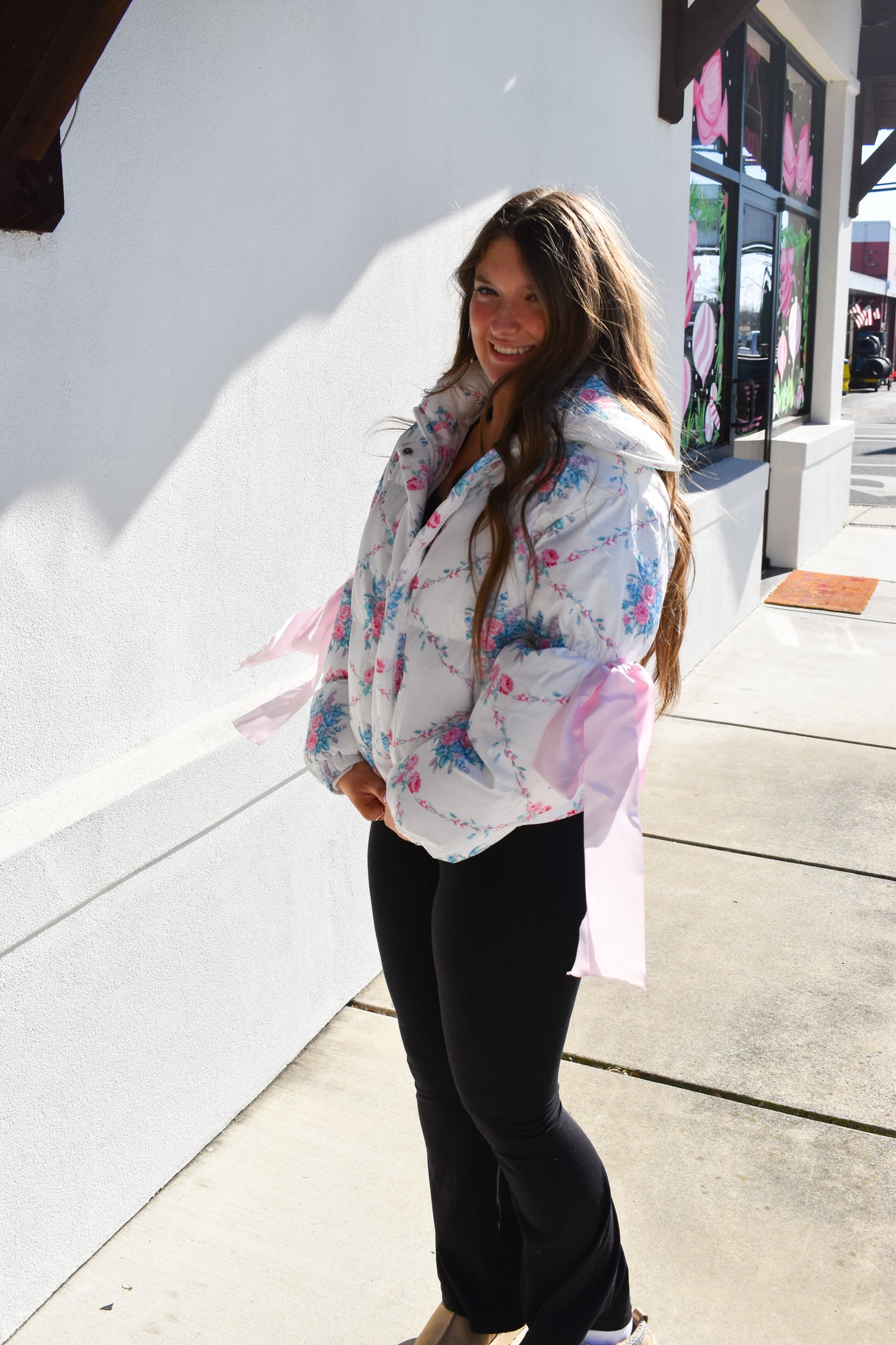 Floral Print Bow Knot Puffer Jacket