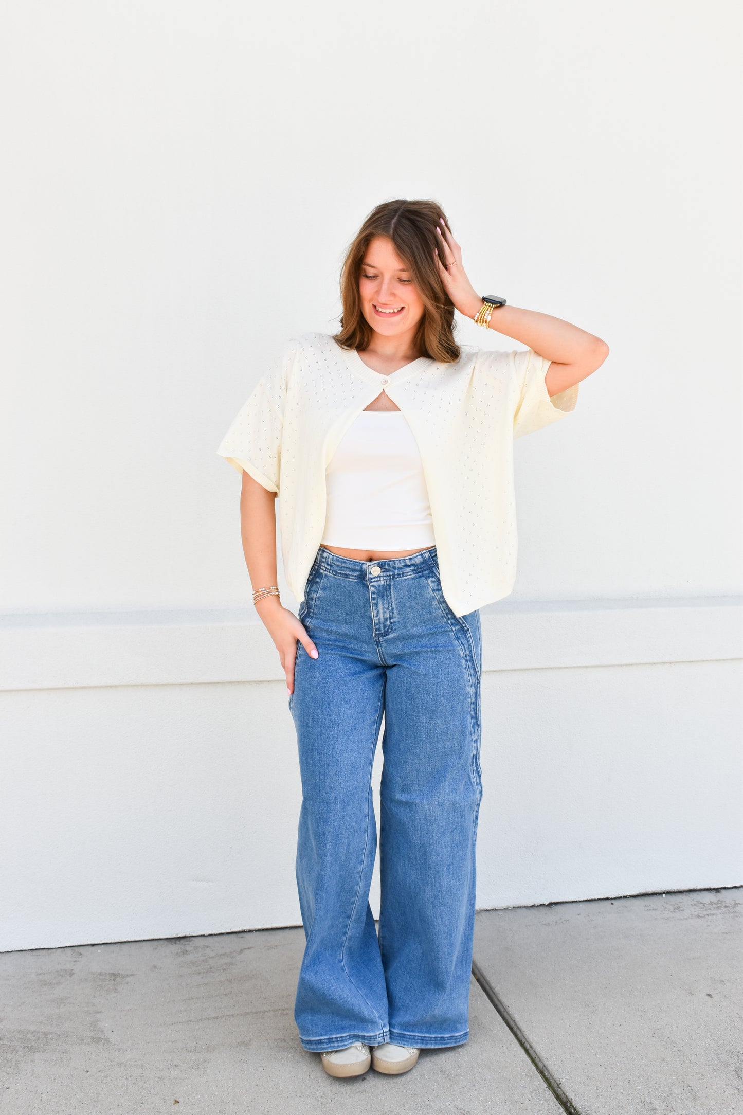 High Rise Wide Leg With Scalloped Edge Detail: Medium Wash