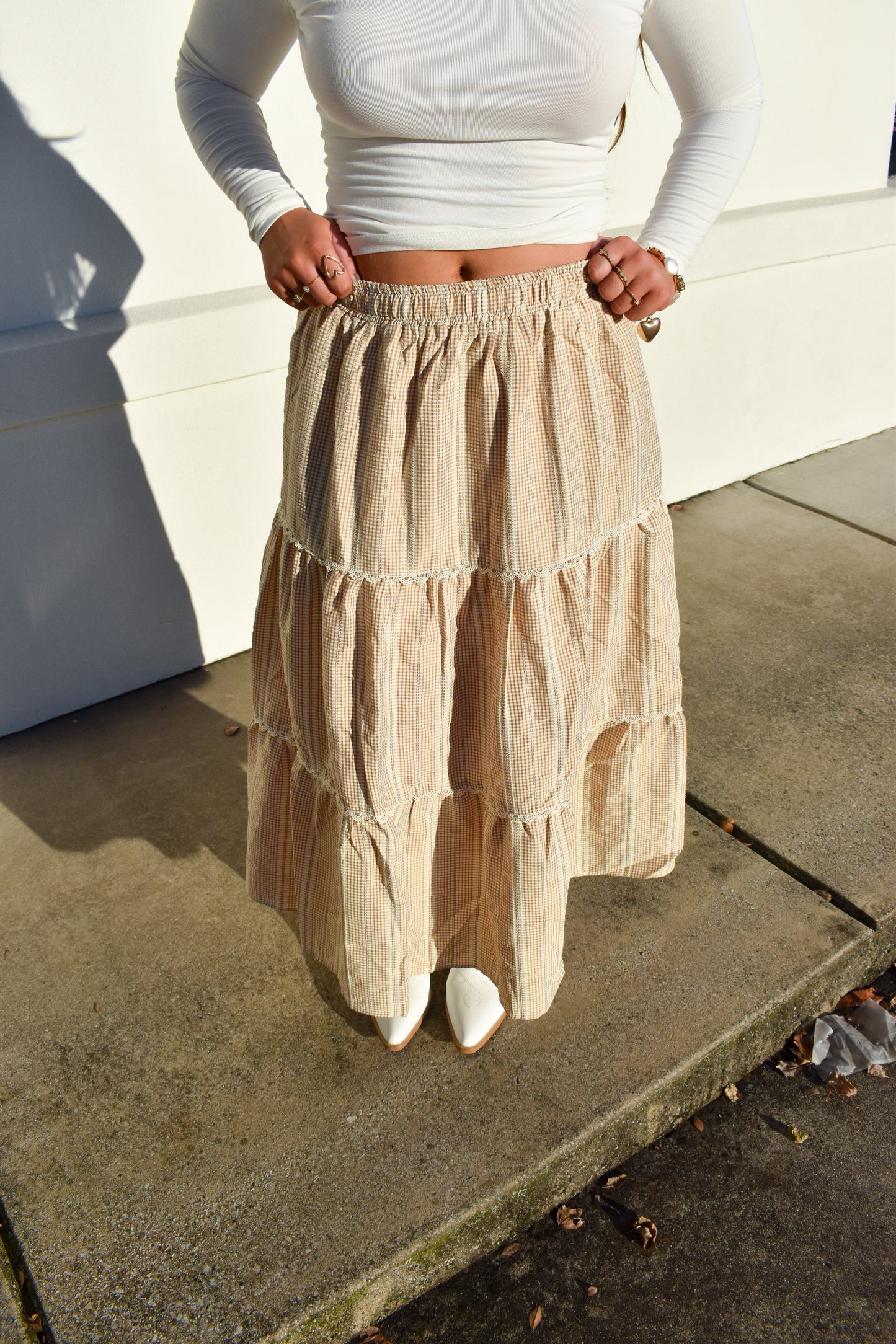 Lace Trim Gingham Maxi Skirt