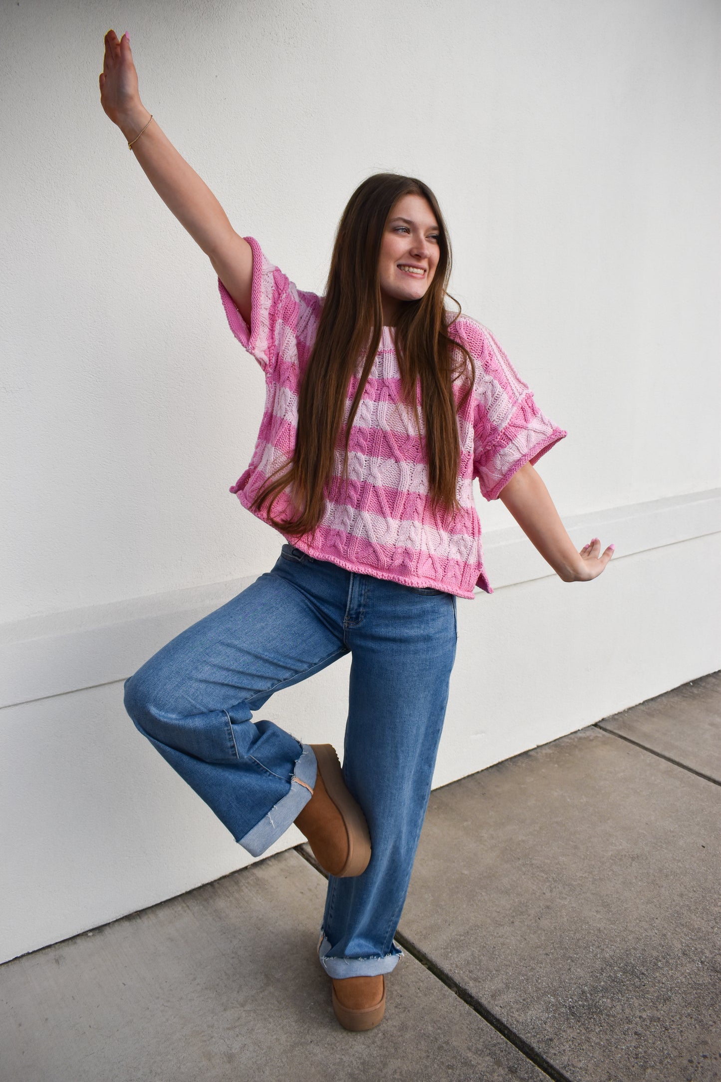Pink Stripe Round Neck Knit Sweater Top
