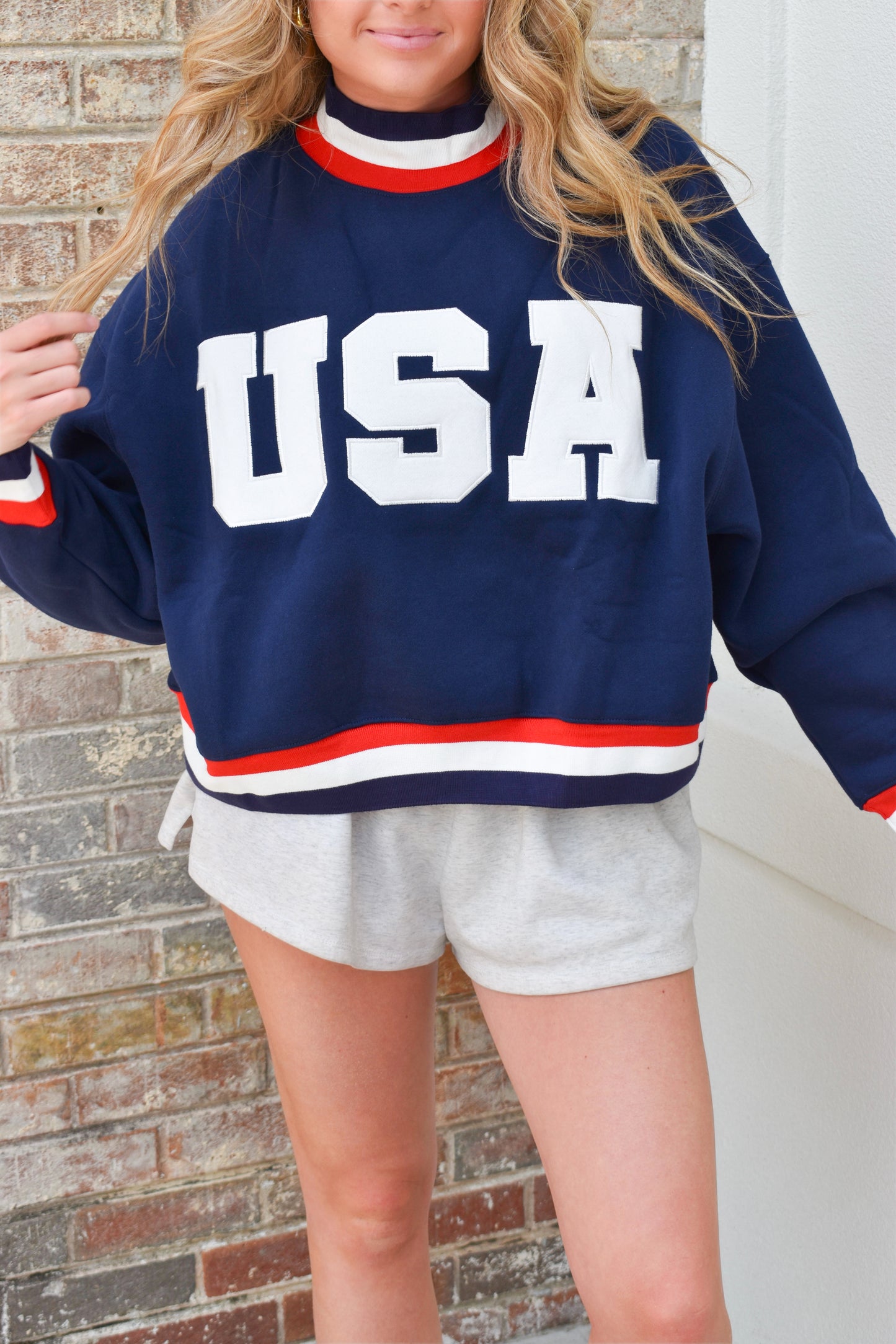 USA Letter Print Contrast Trim Mockneck