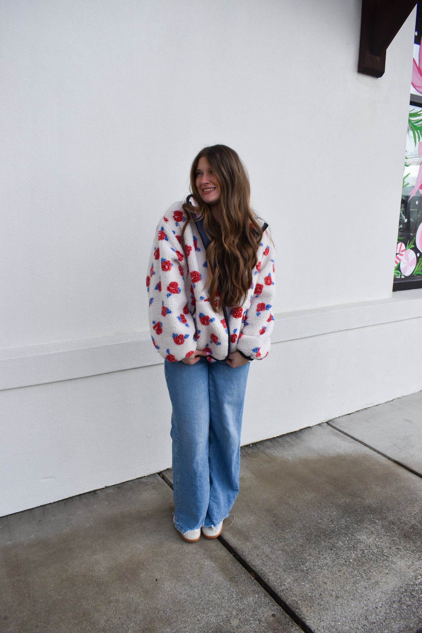 Cozy Oversized Rose Pattern Fleece Zip Up Jacket
