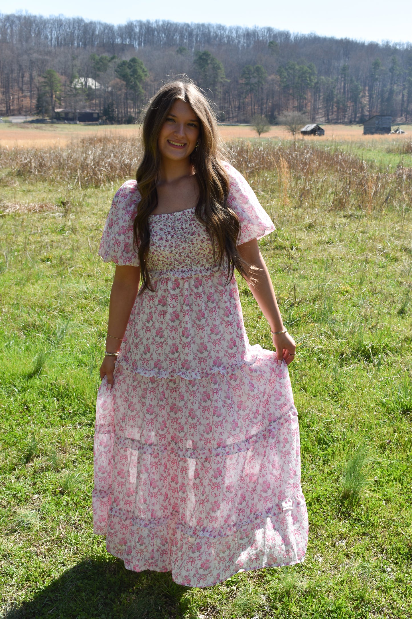 Bubble Floral Bow Maxi Dress