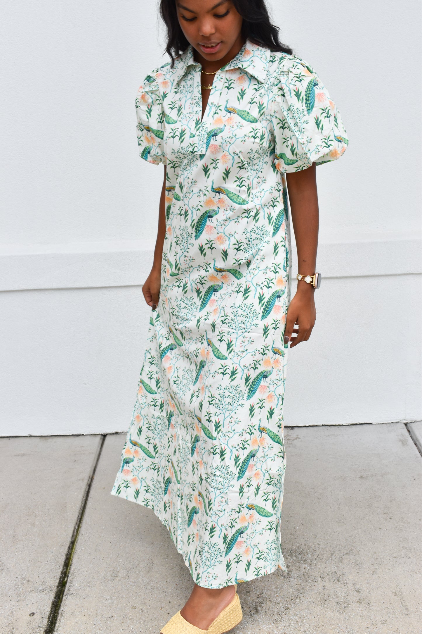 Peacock Print Puff Sleeve Midi Dress