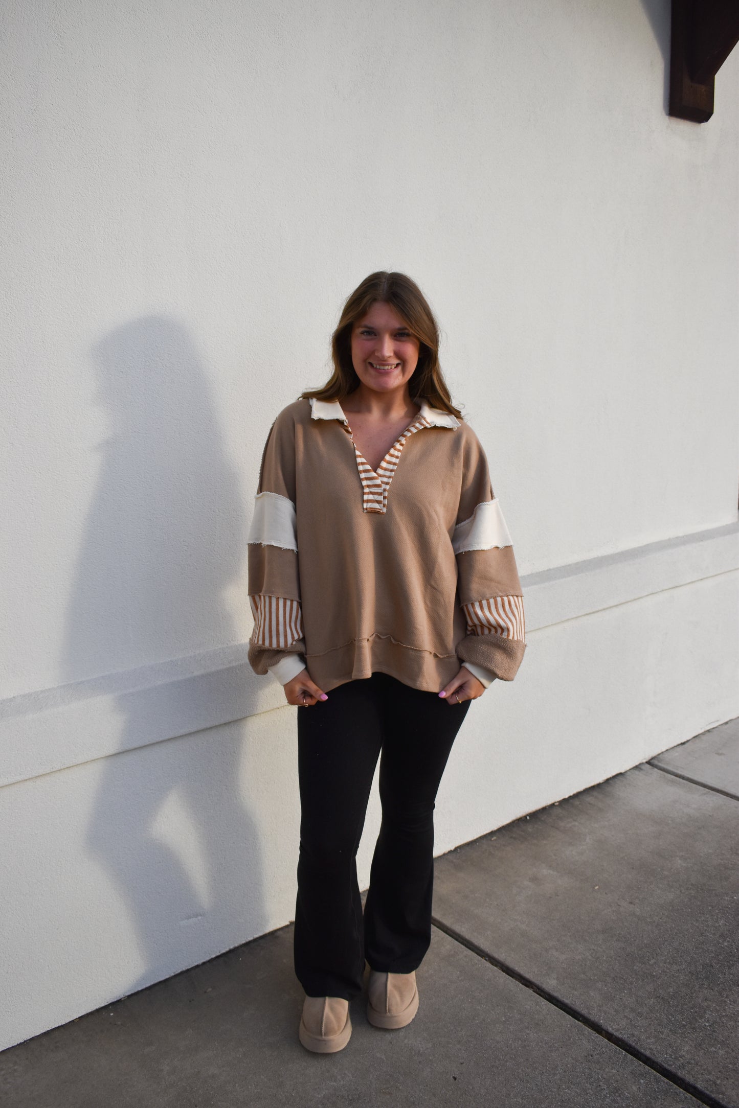 Terry Knit Collared Top: Brown/Cream