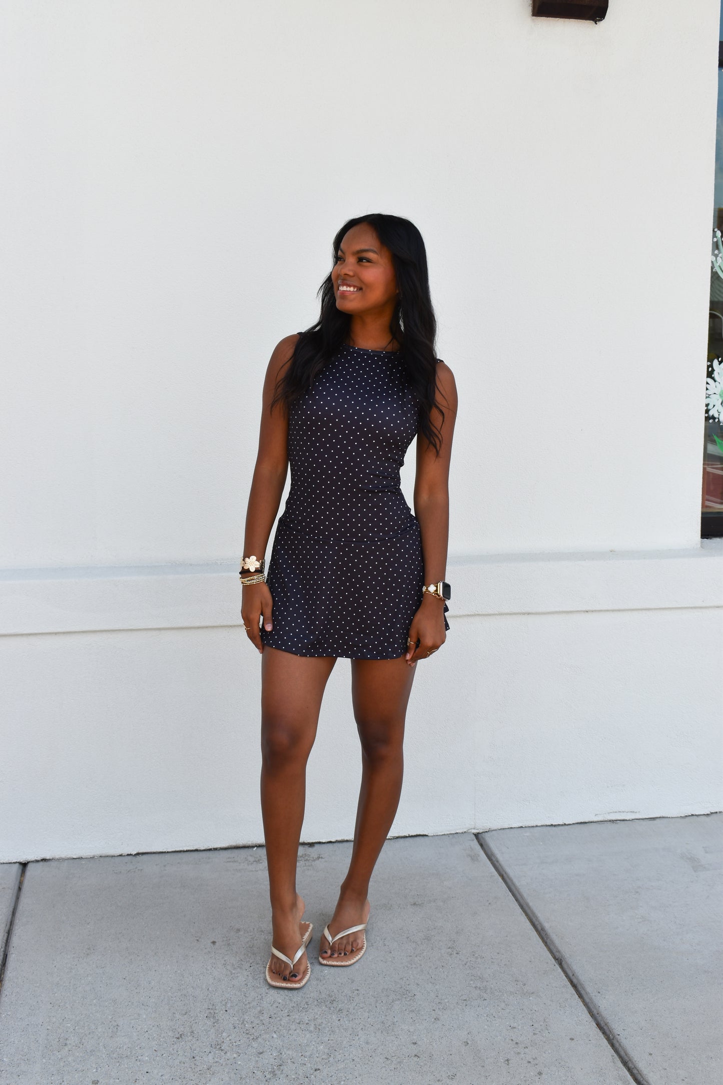 Polka Dot Print A-Line Mini Dress with Drop Waist