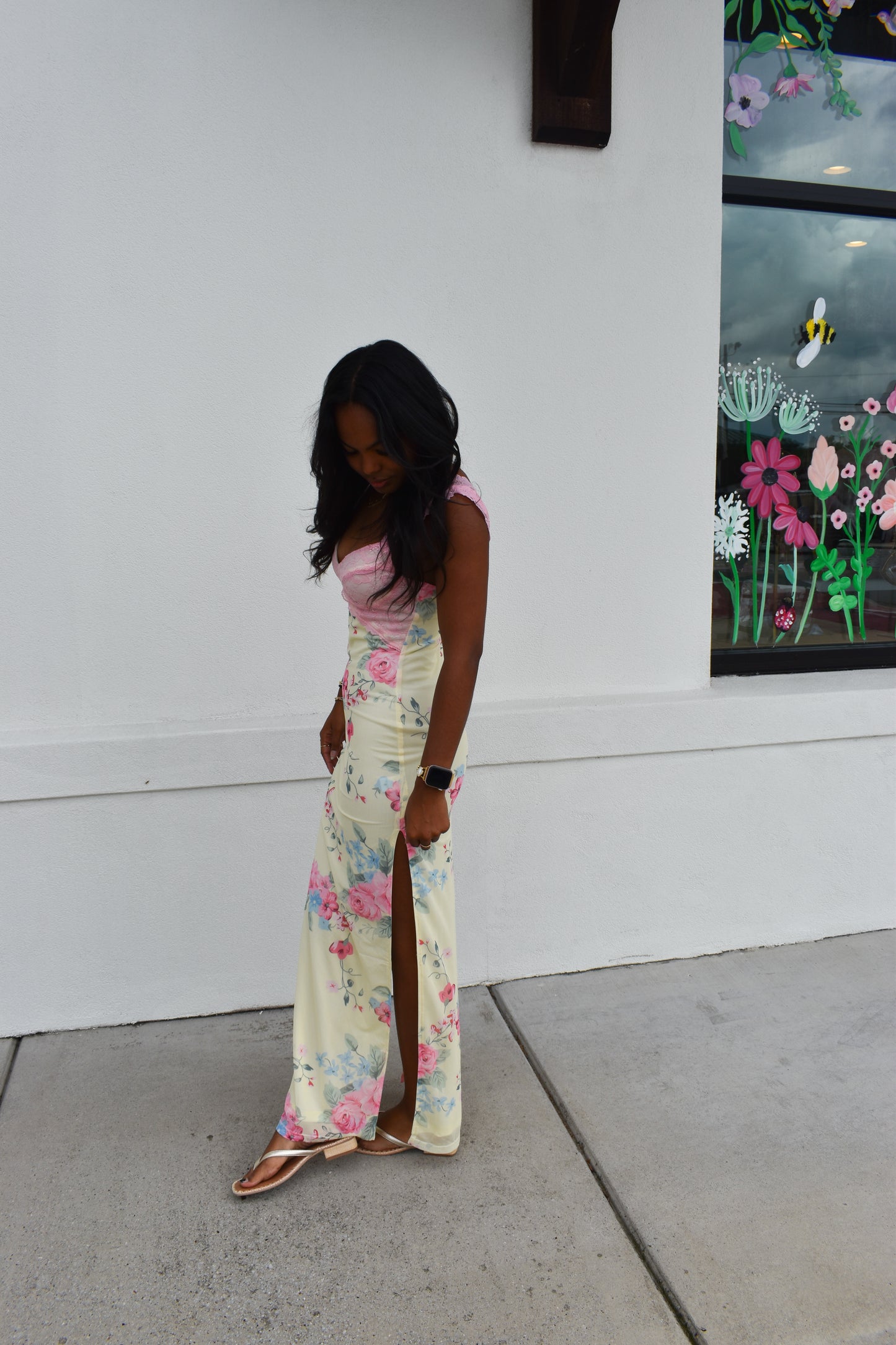 Mesh Floral Print Lace Detail Side Slit Maxi Dress