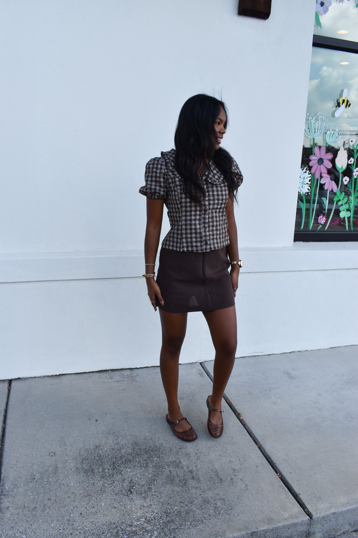 Gingham Plaid Button Top W/ Ruffle Collar