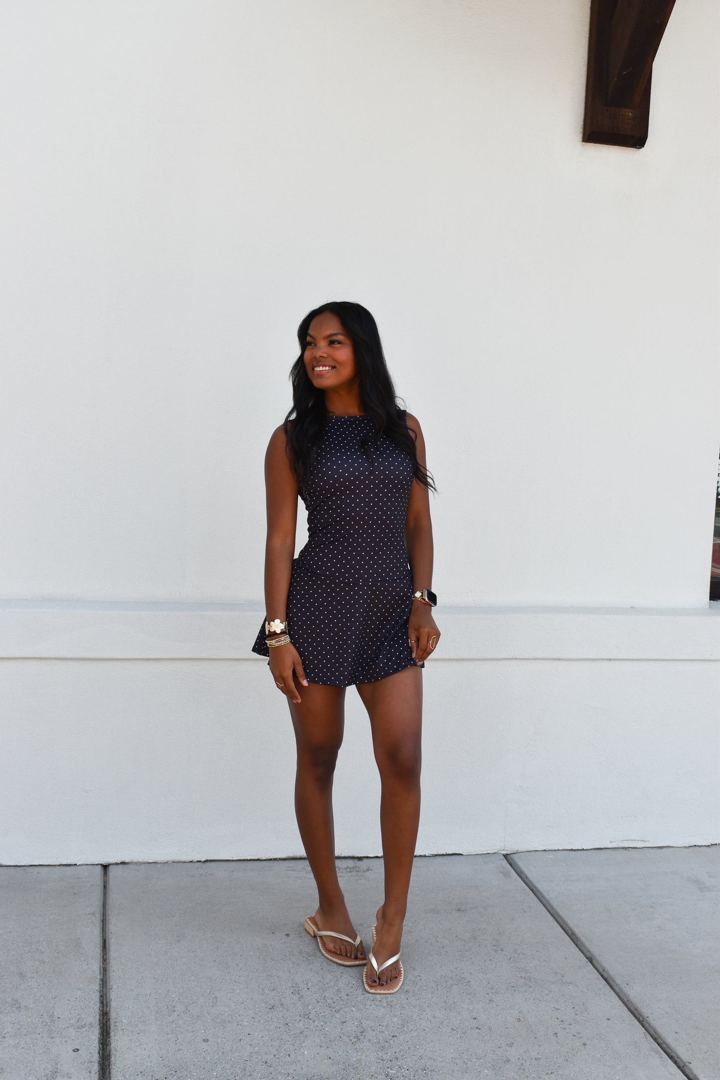 Polka Dot Print A-Line Mini Dress with Drop Waist