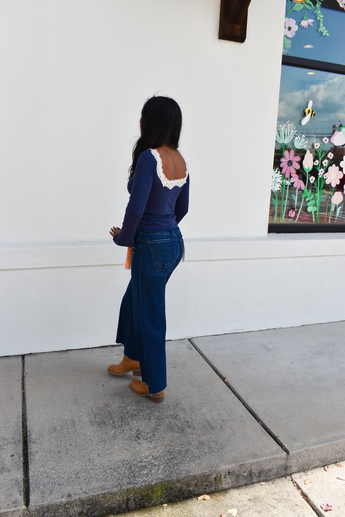 Lace Scoop Neck Blue Top