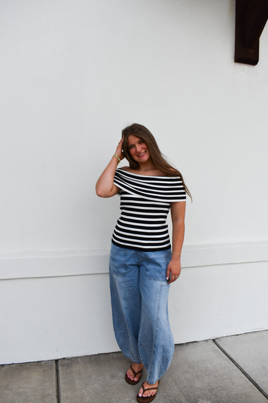 Striped Off The Shoulder Knit Top